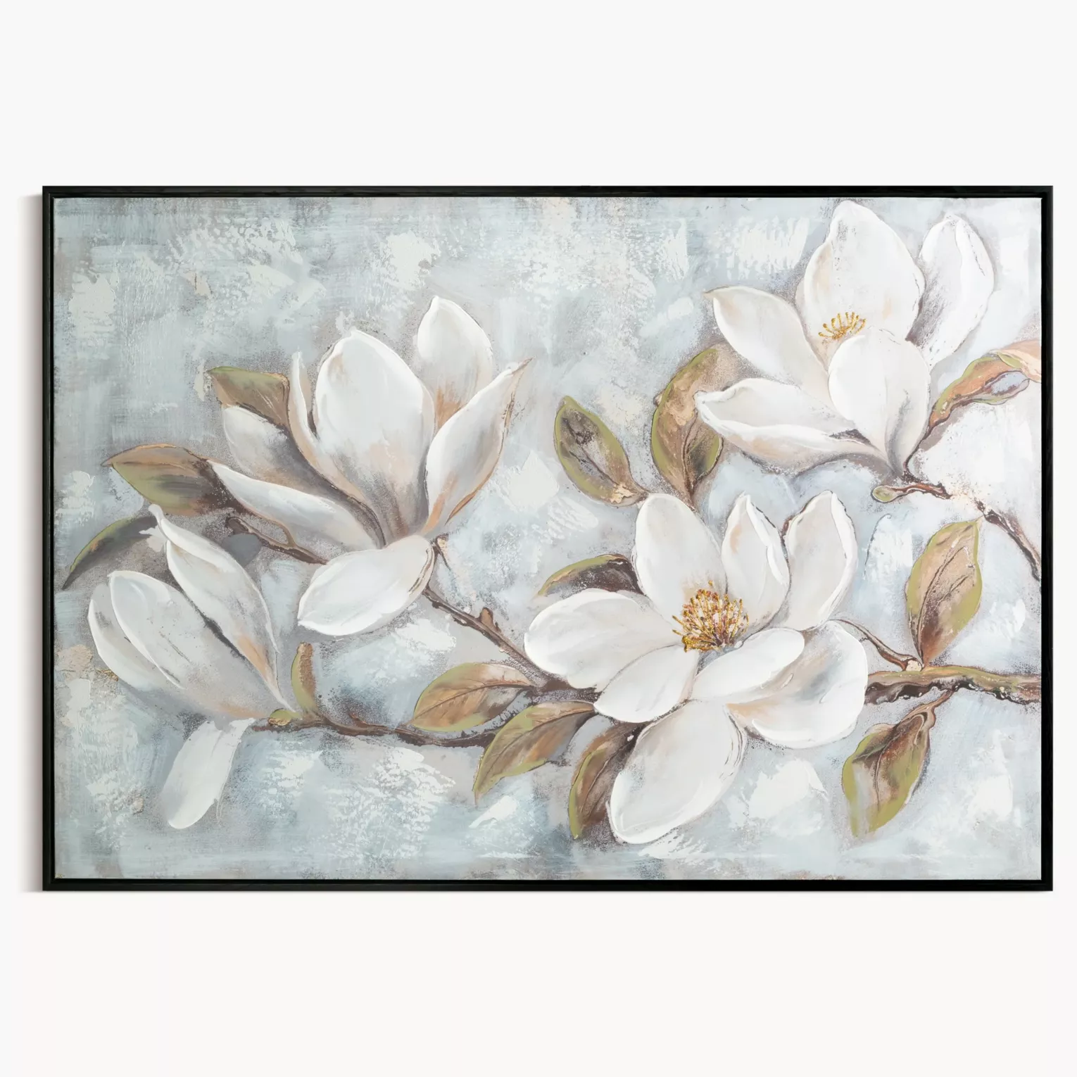 Obraz kremowo, beżowy ręcznie malowane magnolie na płótnie z błyszczącymi akcentami 100x70 cm