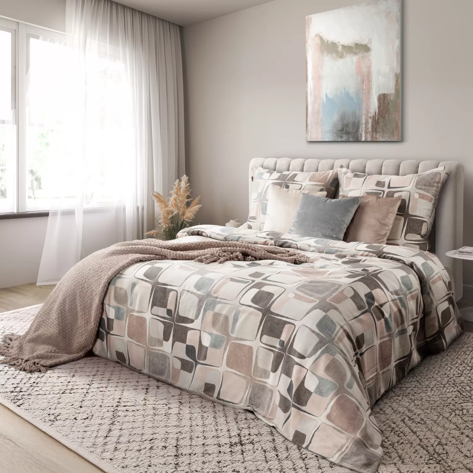 Pościel bawełniana 220x200 cm komplet 3 częściowy kolor beżowy, brązowy z wzorem geometrycznym SPRING 36
