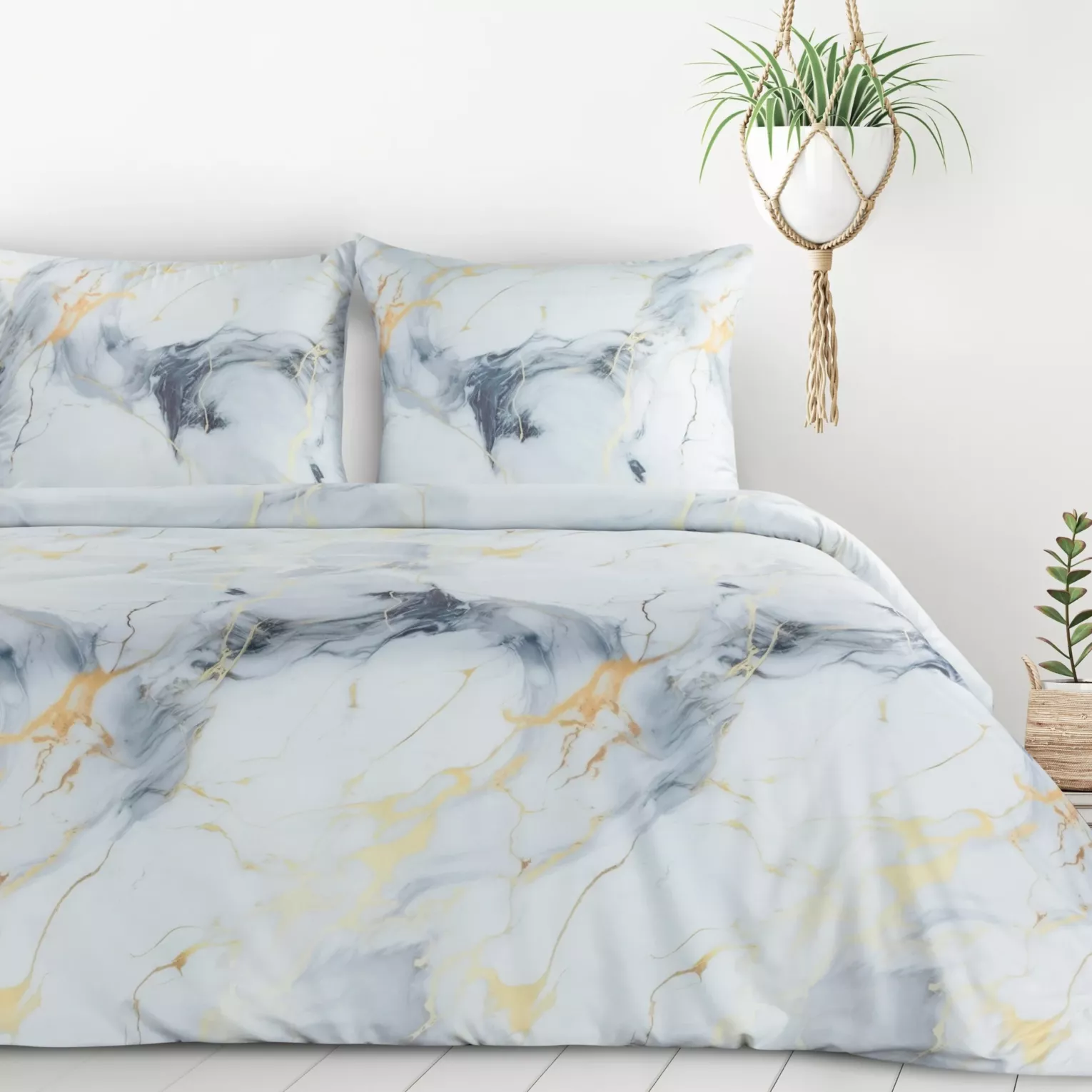 Pościel 140x200 cm komplet 2 częściowy kolor biały, stalowy z motywem marmurku VERANO 12 Design 91