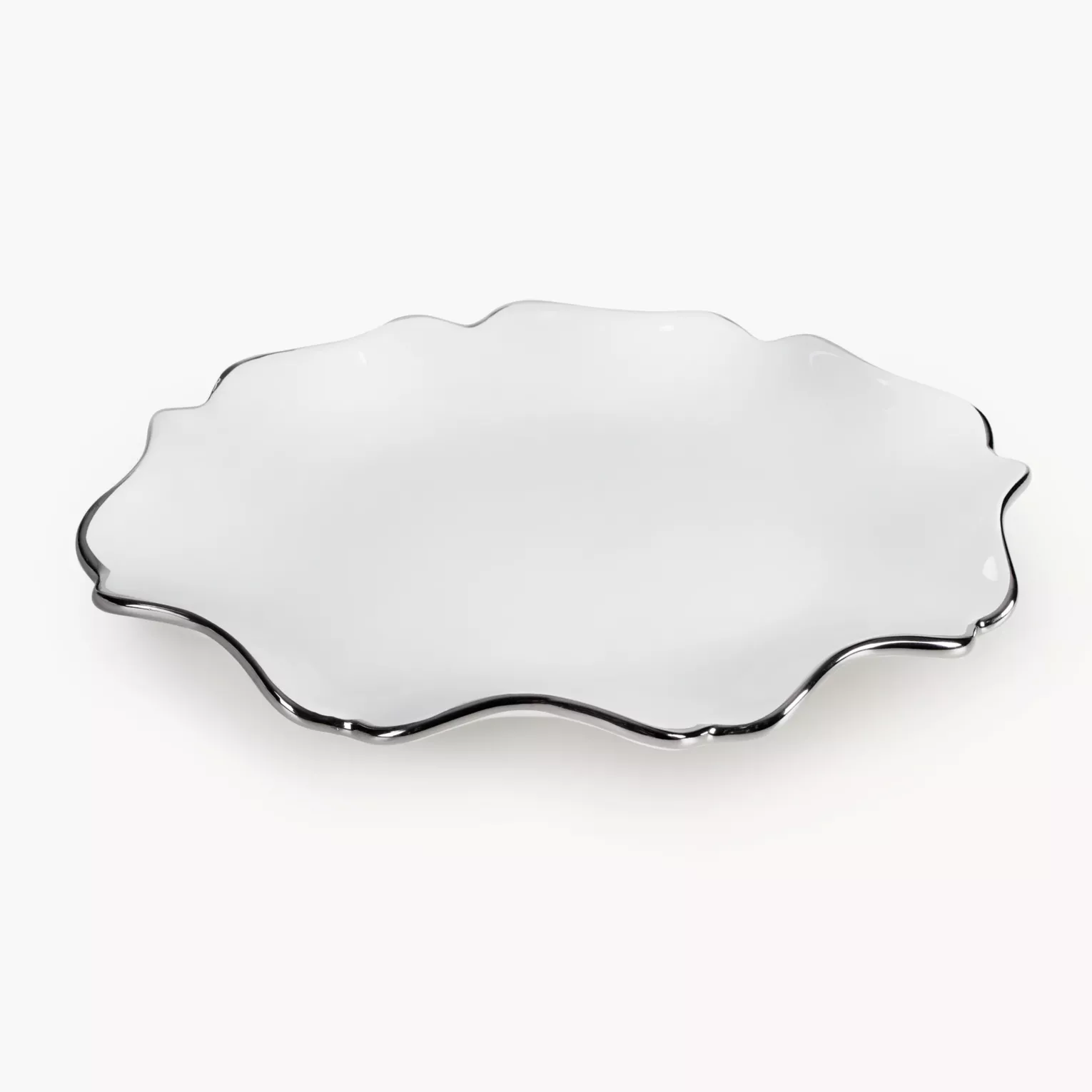 Patera ceramiczna dekoracyjna biało-srebrna  z falującymi brzegami 25x18x3 cm AUREN 2