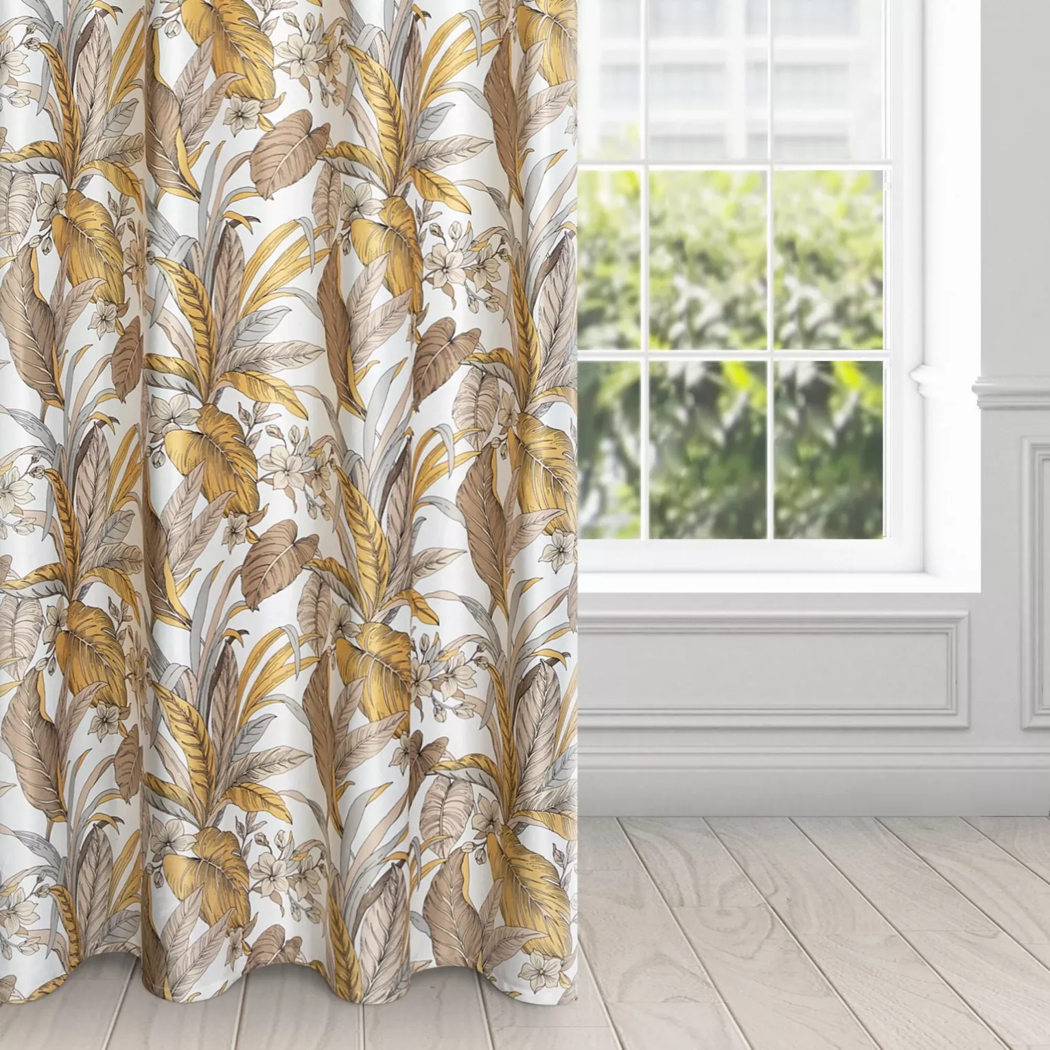 Zasłona beżowo, biała z wzorem egzotycznych liści 140x250 cm przelotka - BARI - Design 91
