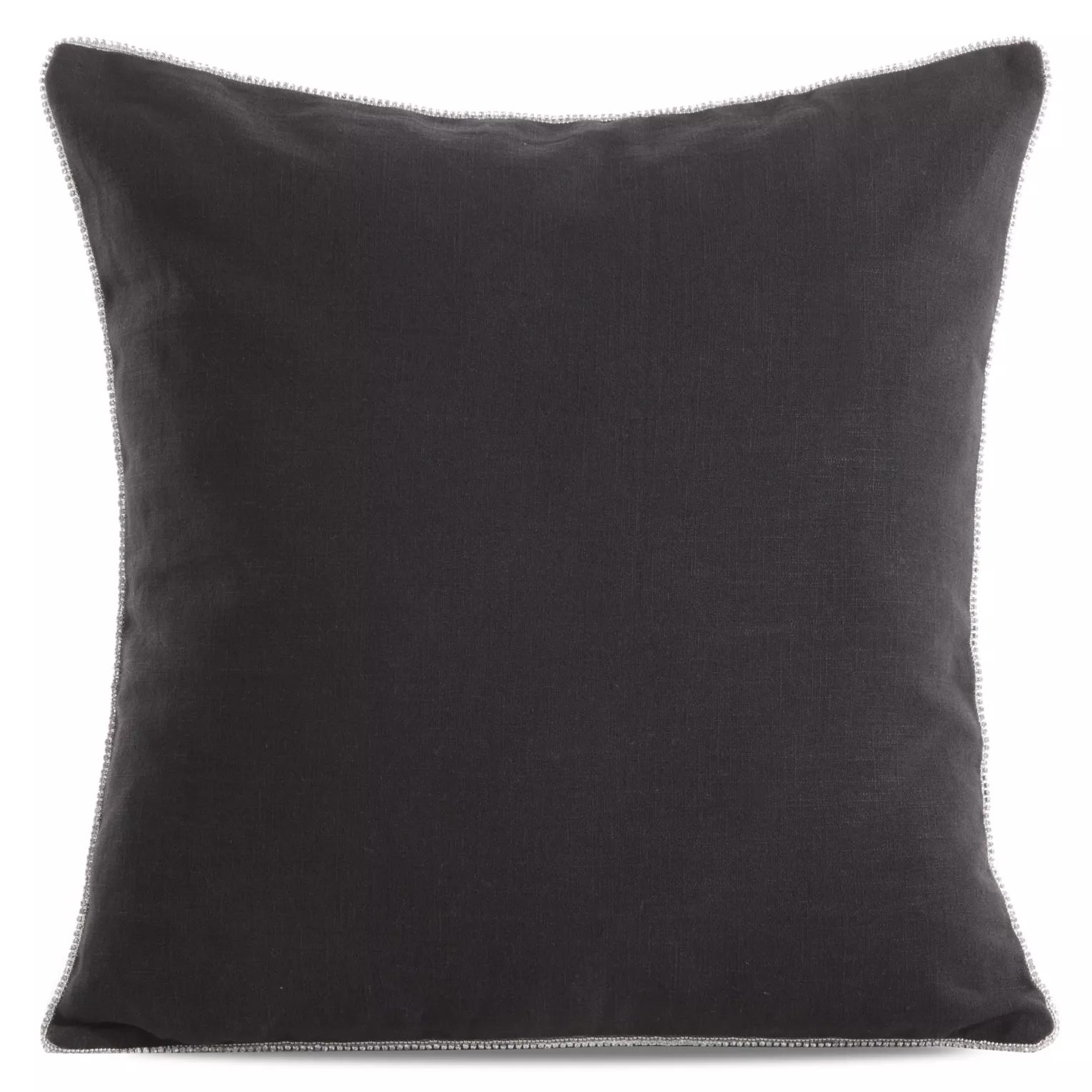 Poszewka na poduszkę 43x43 cm lniana z dodatkiem bawełny z pasmanterią z ozdobnymi cyrkoniami na brzegach czarna LEN