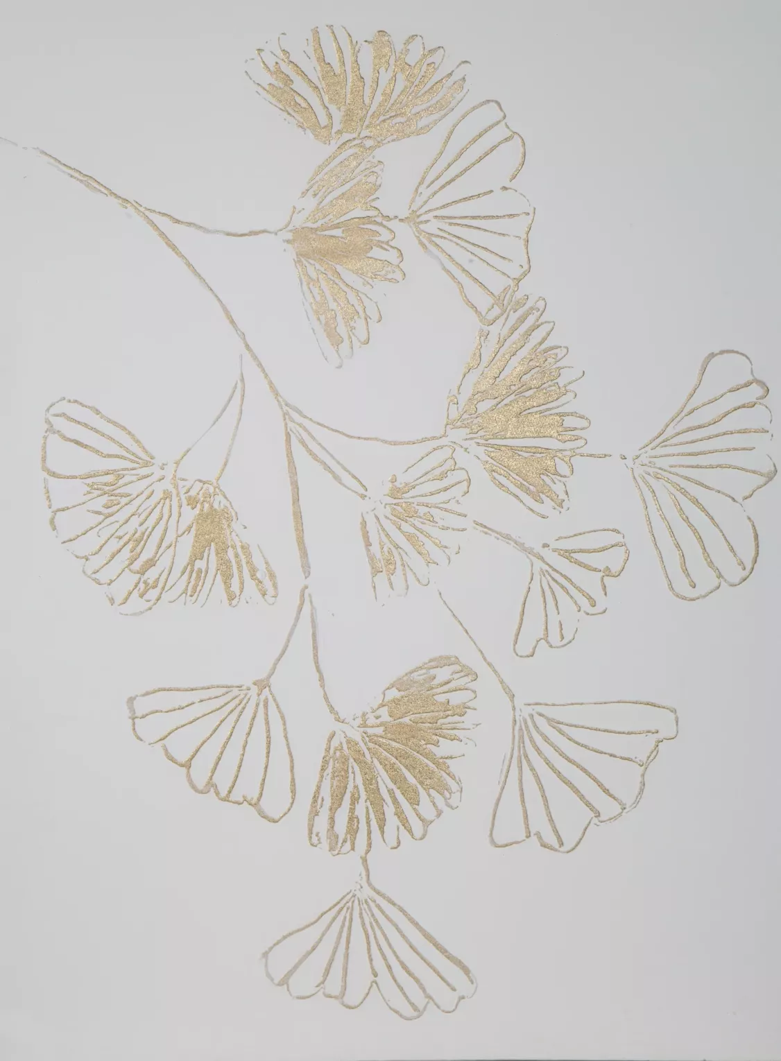 Obraz roślinny beżowy ręcznie malowany na płótnie złote liście miłorzębu 60x80 cm