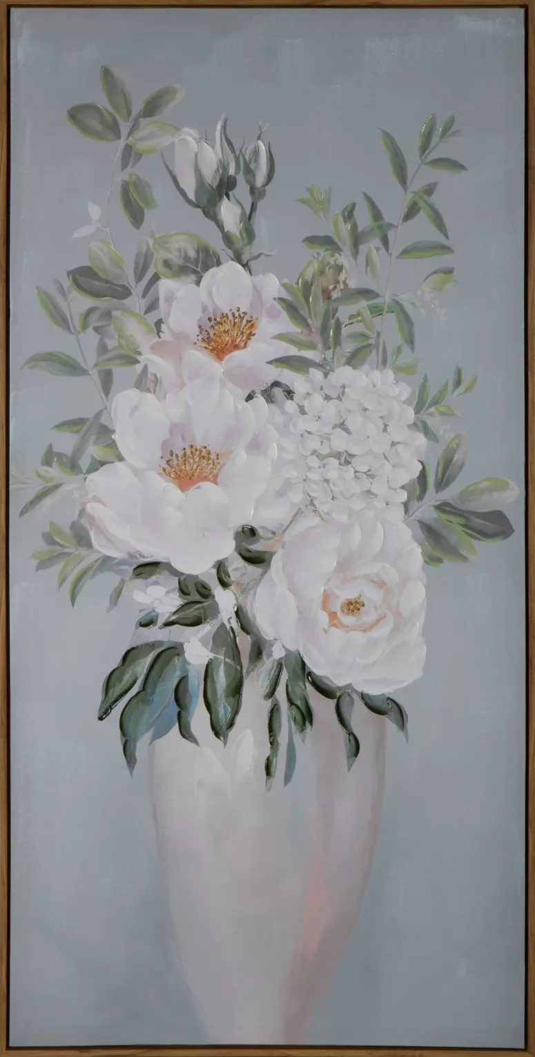 Obraz roślinny niebiesko, biały ręcznie malowany na płótnie 60x120 cm