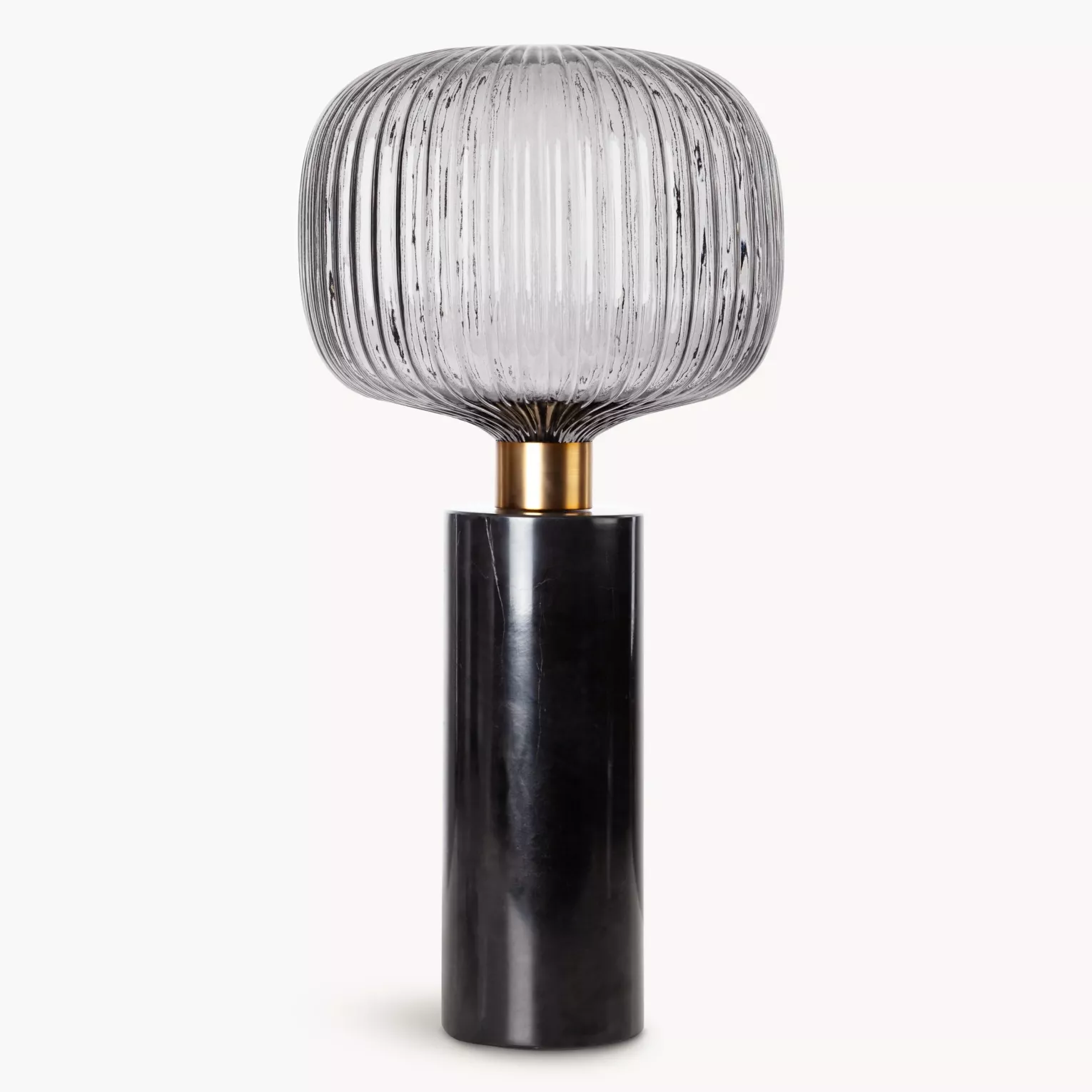 Lampa stołowa do salonu czarno, grafitowa LUKA o marmurowej podstawie i szklanym tłoczonym kloszem