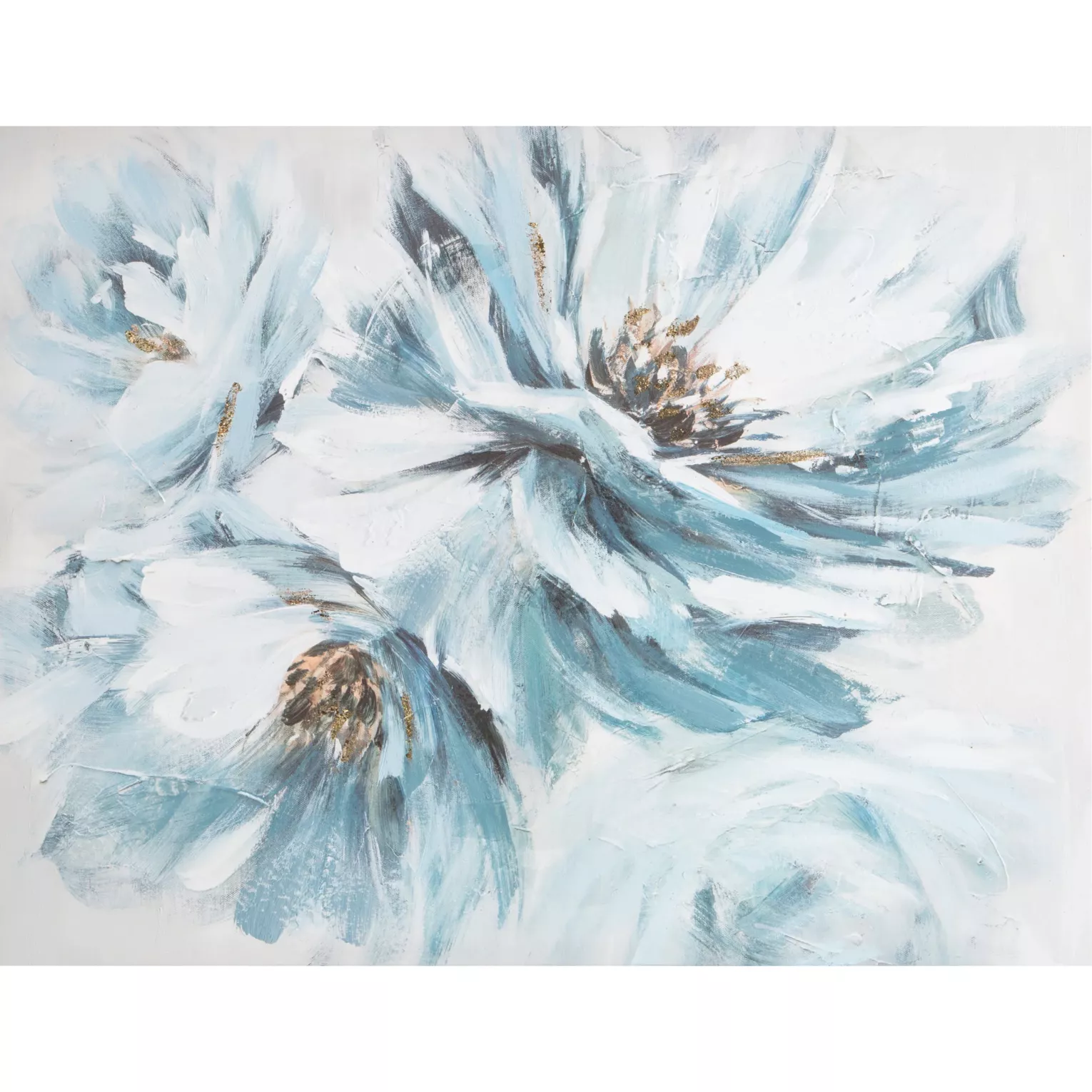 Obraz kwiatowy biało, niebieski ręcznie malowany na płótnie ze złotymi akcentami 80x60 cm FLOWERS