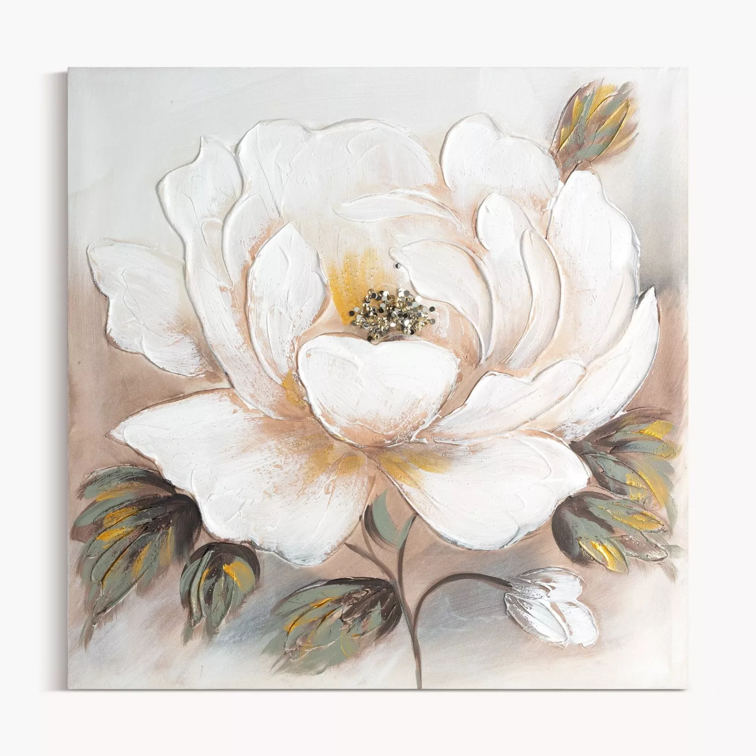 Obraz z kwiatem biało, beżowy ręcznie malowany na płótnie ze złotym zdobieniem 60x60 cm