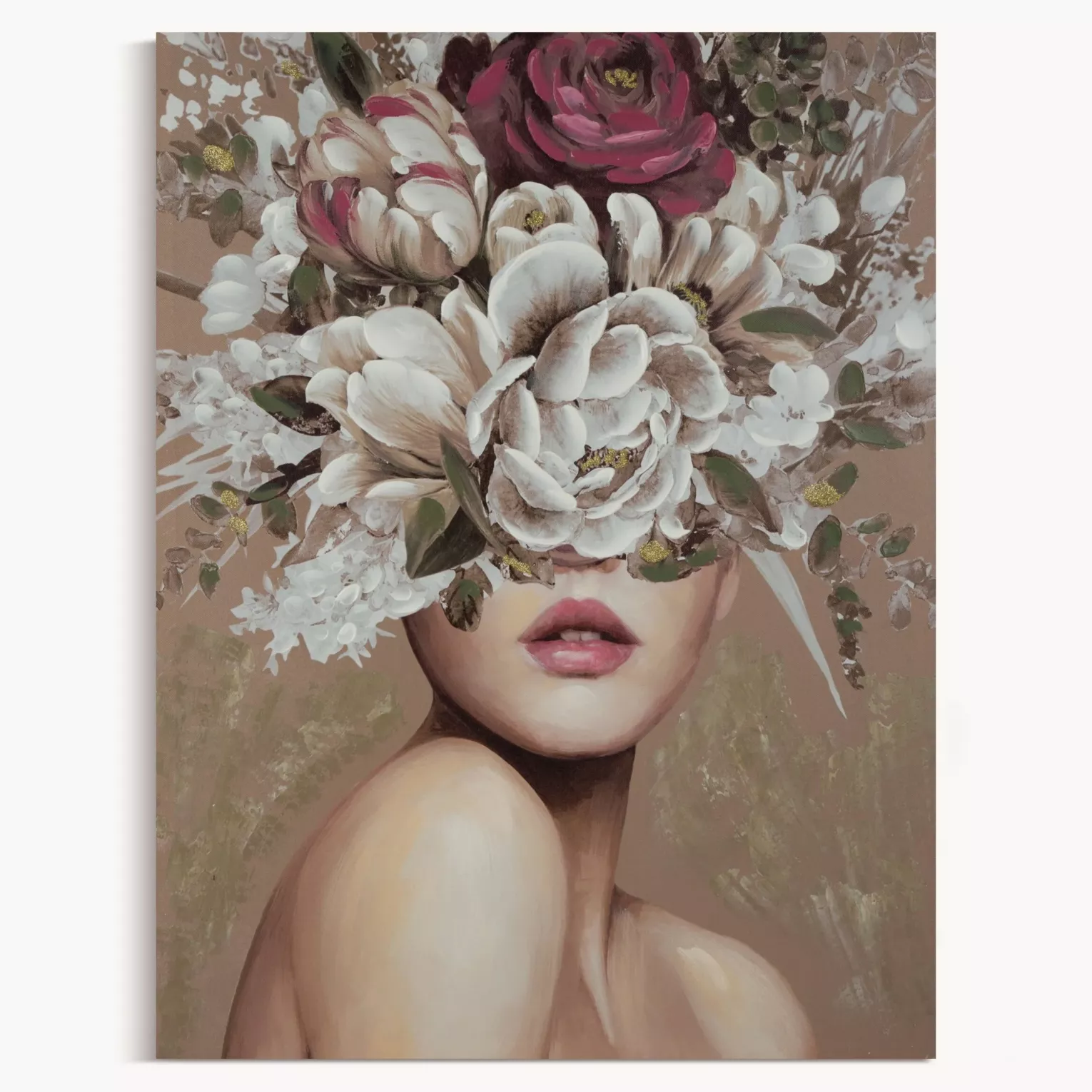 Obraz postaci beżowo, bordowy ręcznie malowany na płótnie 60x80 cm BLOSSOM 1