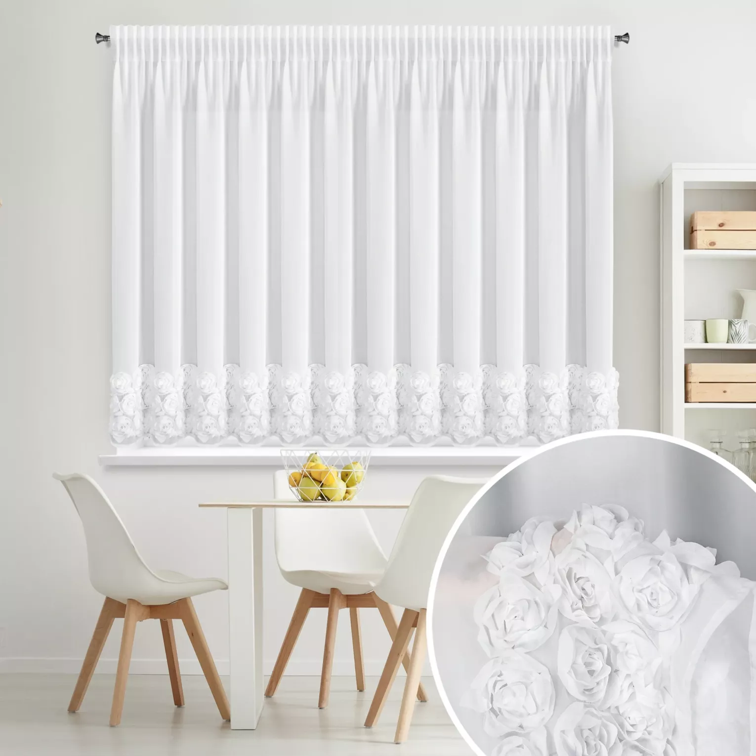 Firana biała z szyfonu zdobiona aplikacją 3D w róże 400x160 cm taśma - ROSES - Eva Minge