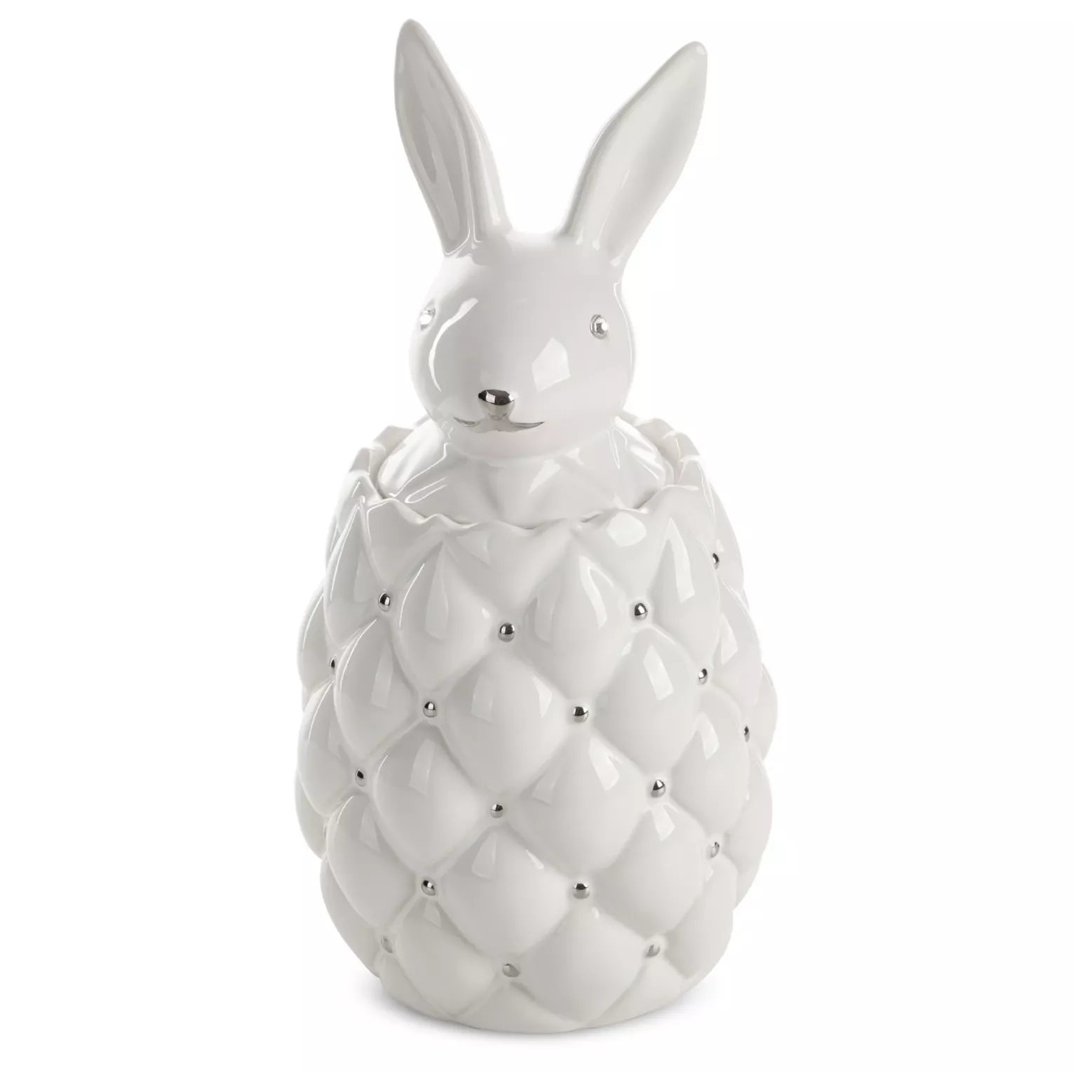 Pojemnik ceramiczny dekoracyjny biało-srebrny zdobiony króliczkiem średnica 14x30 cm ADORE