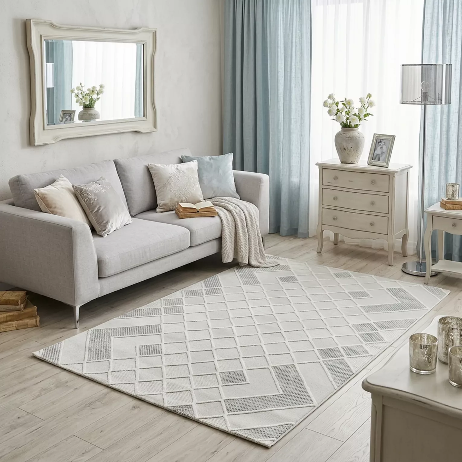 Dywan 60x100 cm kremowo, niebieski zdobiony geometryczną mozaiką CRYSTAL 5