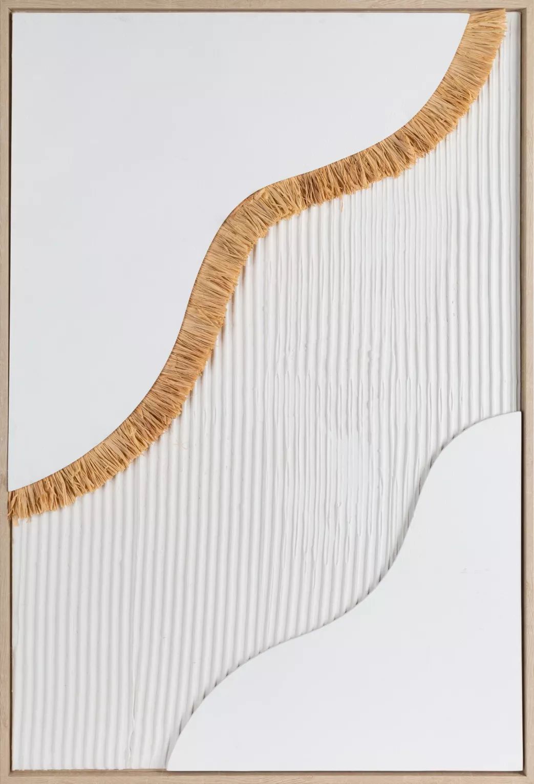 Obraz abstrakcja biało, beżowy z wyraźną strukturą w stylu boho oprawiony w ramę 60x90 cm