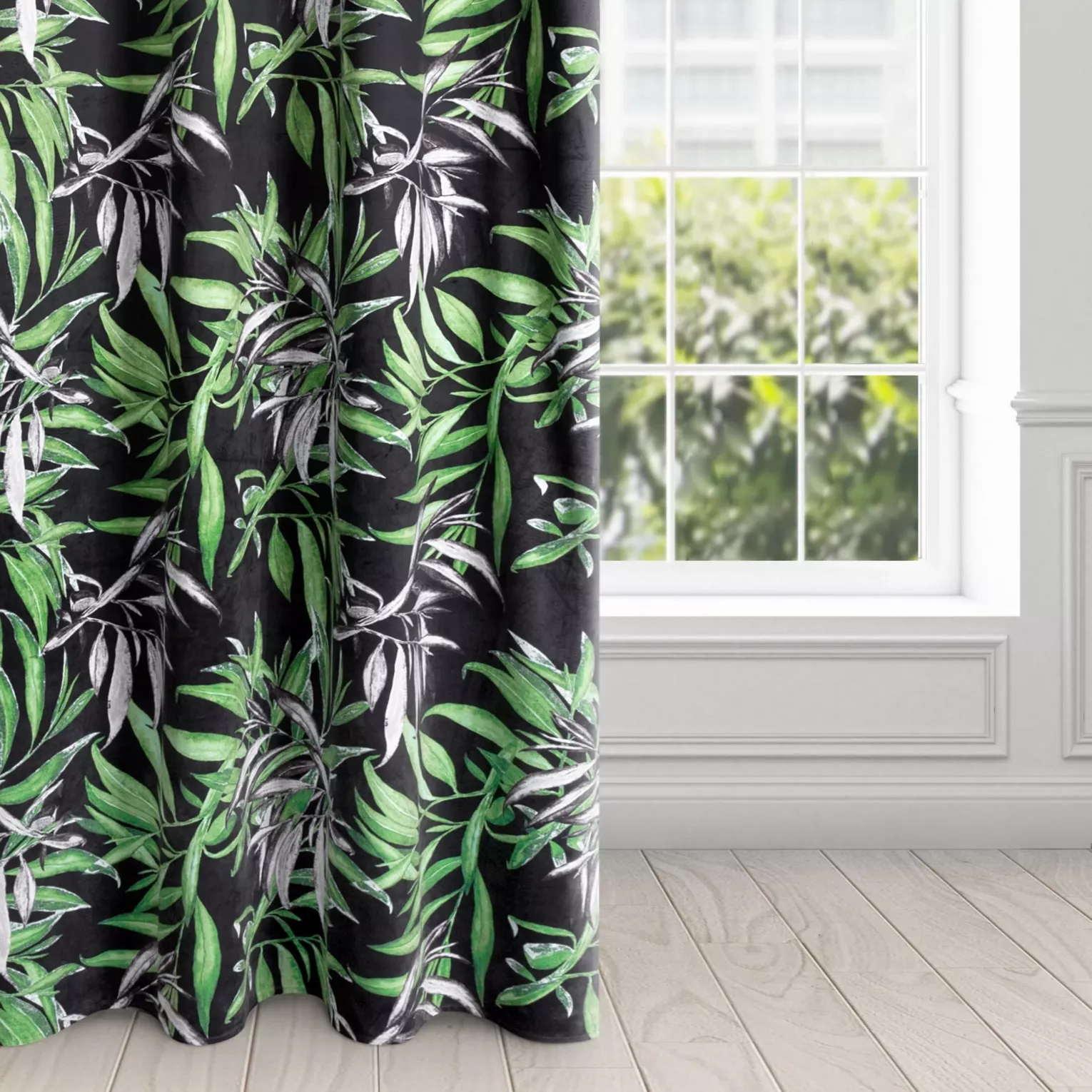 Zasłona welwetowa czarno, zielona w stylu botanic 140x250 cm przelotka - ZOJA