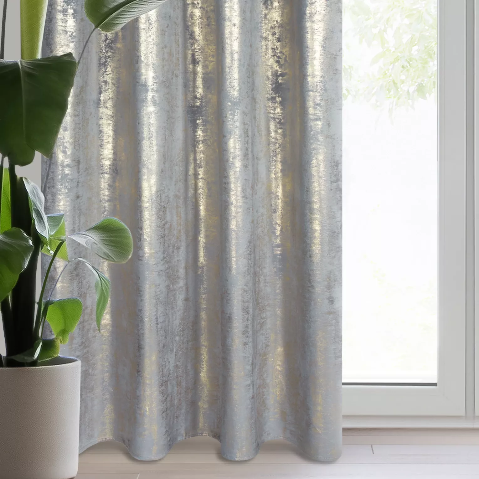 Zasłona welwetowa srebrno, złota zdobiona przecieranym wzorem 140x250 cm przelotka - RENIA