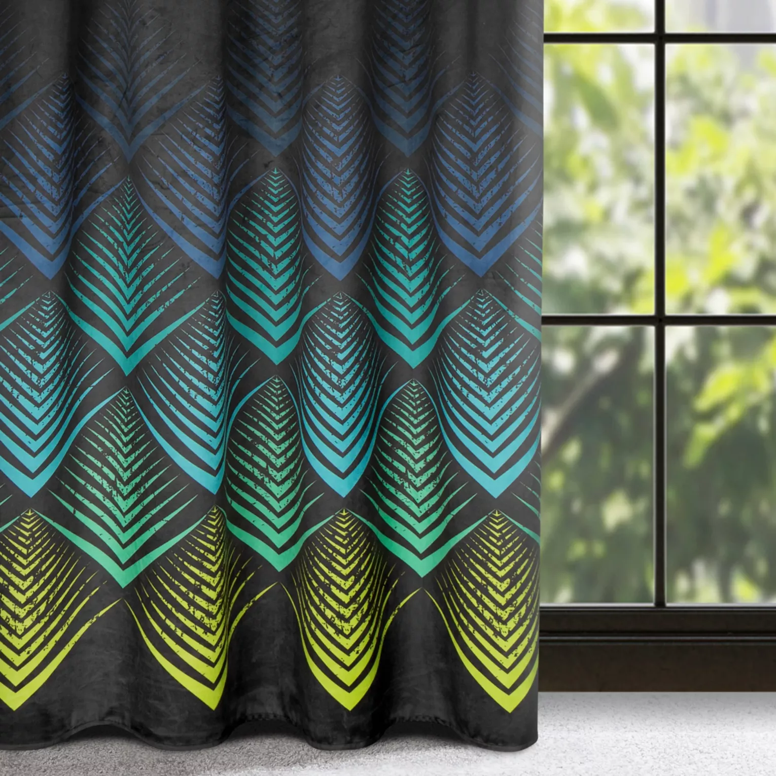Zasłona welwetowa czarno, turkusowa z wzorem geometrycznym 140x270 cm taśma - ANGELINA