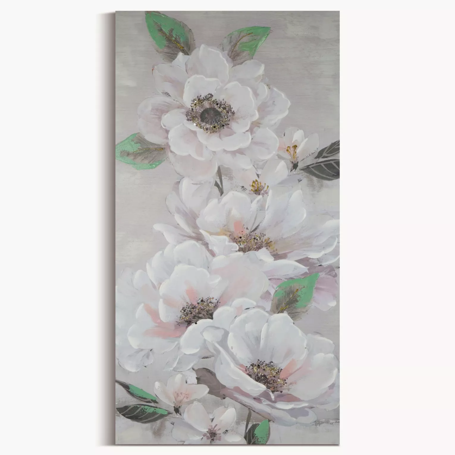 Obraz roślinny beżowo, zielony malowany ręcznie na płótnie 60x120 cm FLOWERY