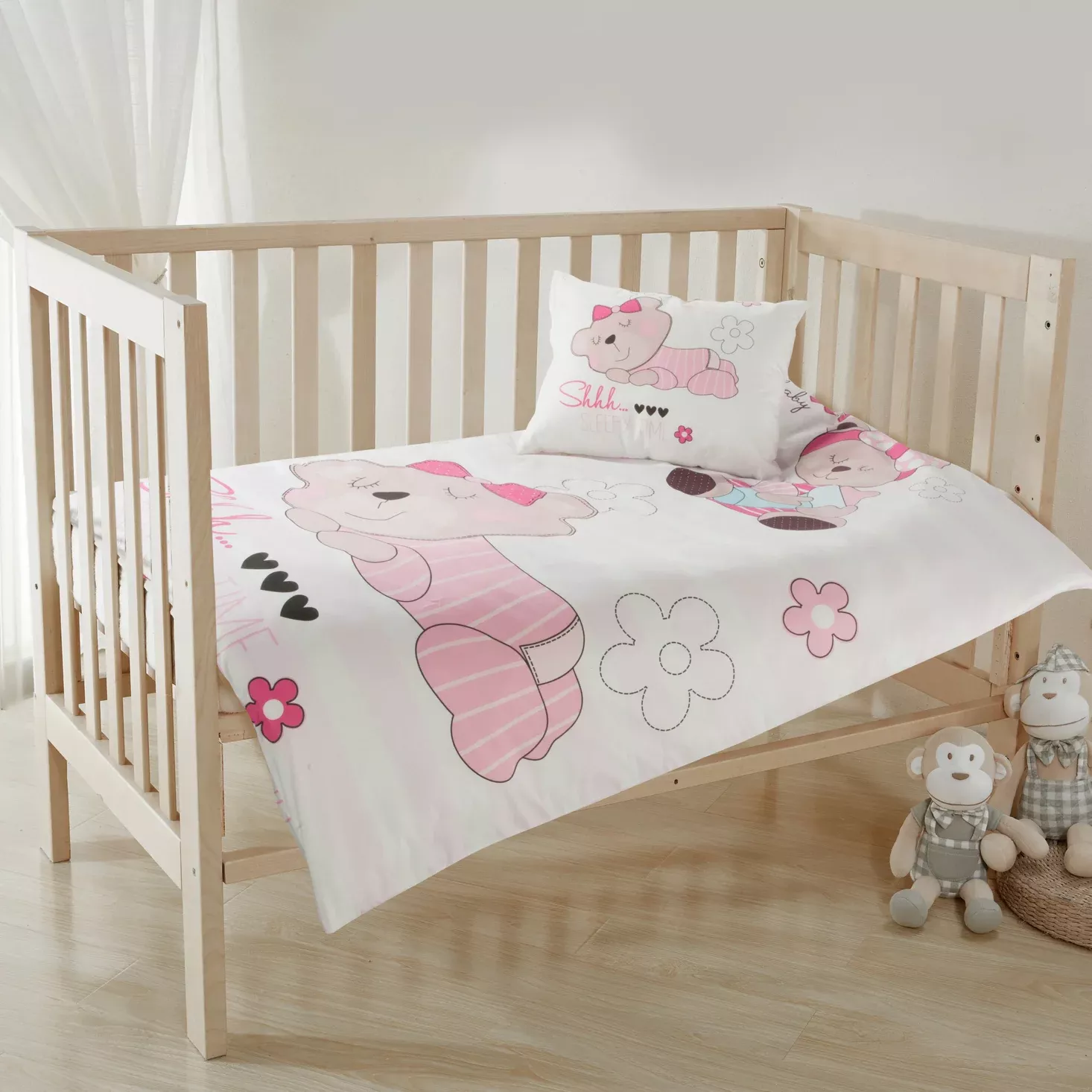 Pościel dziecięca dla dziewczynki 100x135 cm bawełniana kolor biały, różowy z misiem KIDS