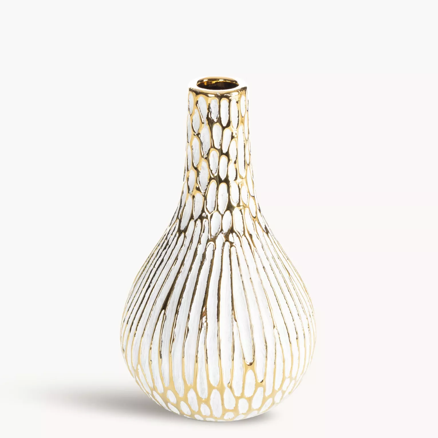 Wazon ceramiczny biało, złoty o ozdobnej fakturze 12x20 cm ANDREA