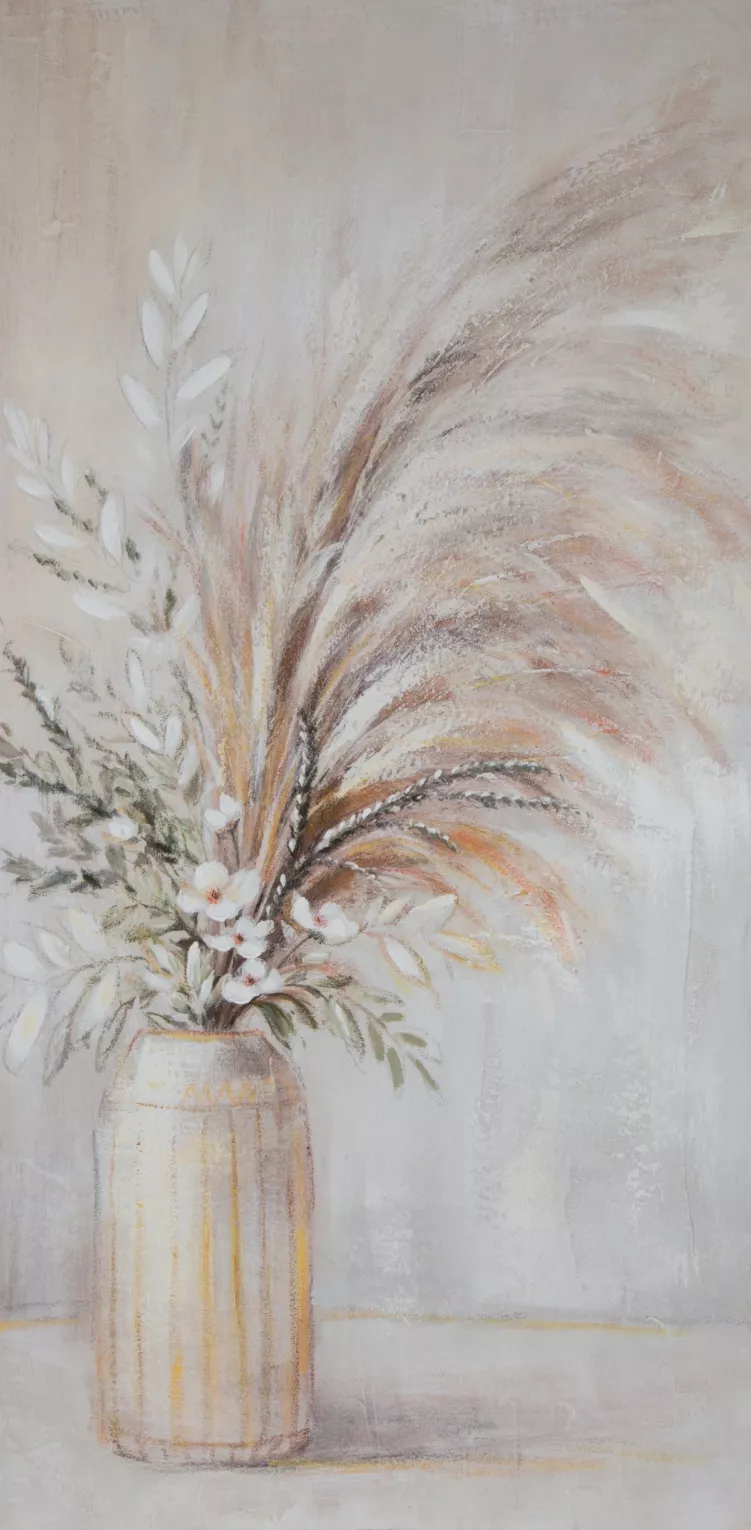 Obraz roślinny beżowo, zielony ręcznie malowany na płótnie 60x120 cm