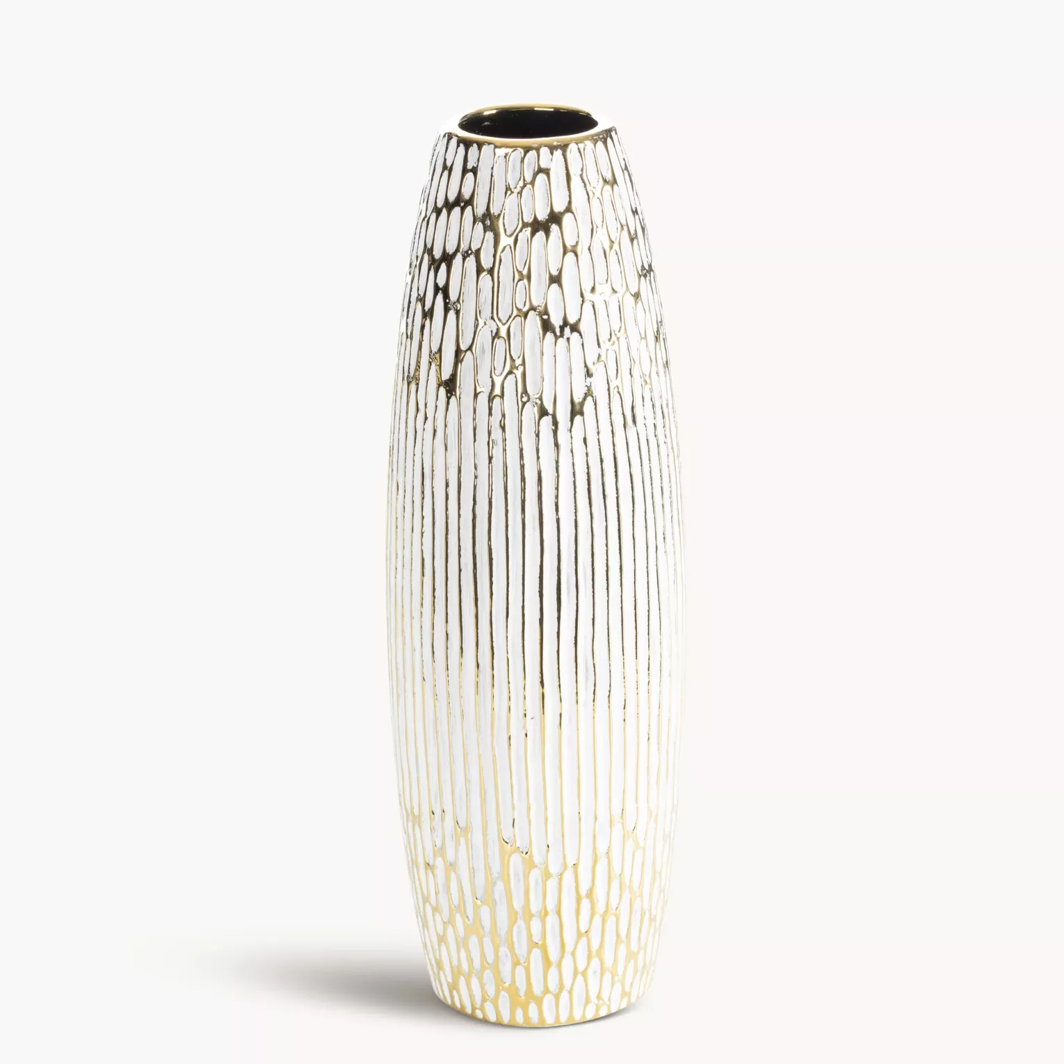 Wazon ceramiczny biało, złoty o ozdobnej fakturze 13x40 cm ANDREA