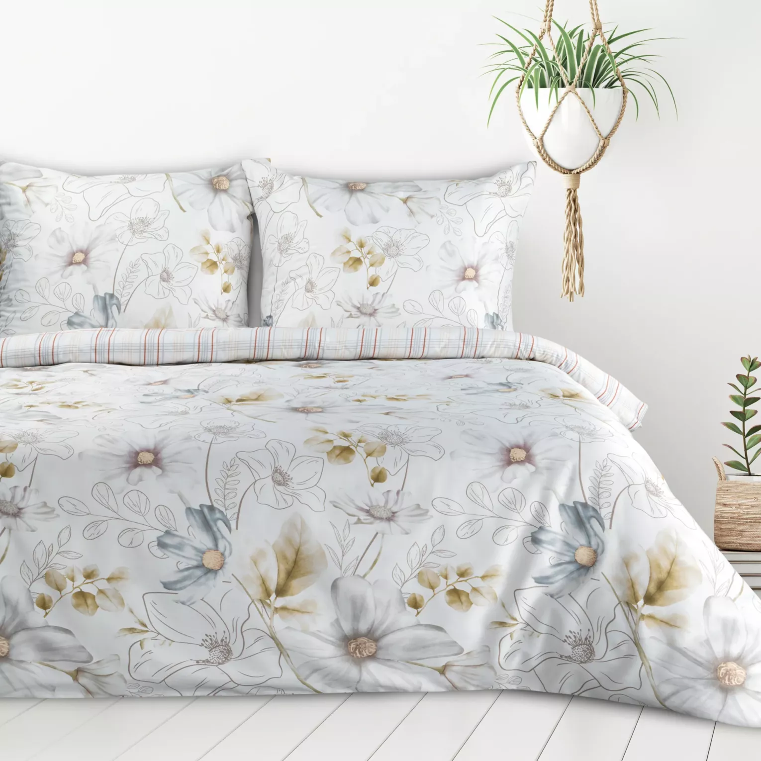 Pościel 140x200 cm komplet 2 częściowy z mieszanki włókien kolor biały, musztardowy z nadrukiem kwiatów LEA9 Design 91
