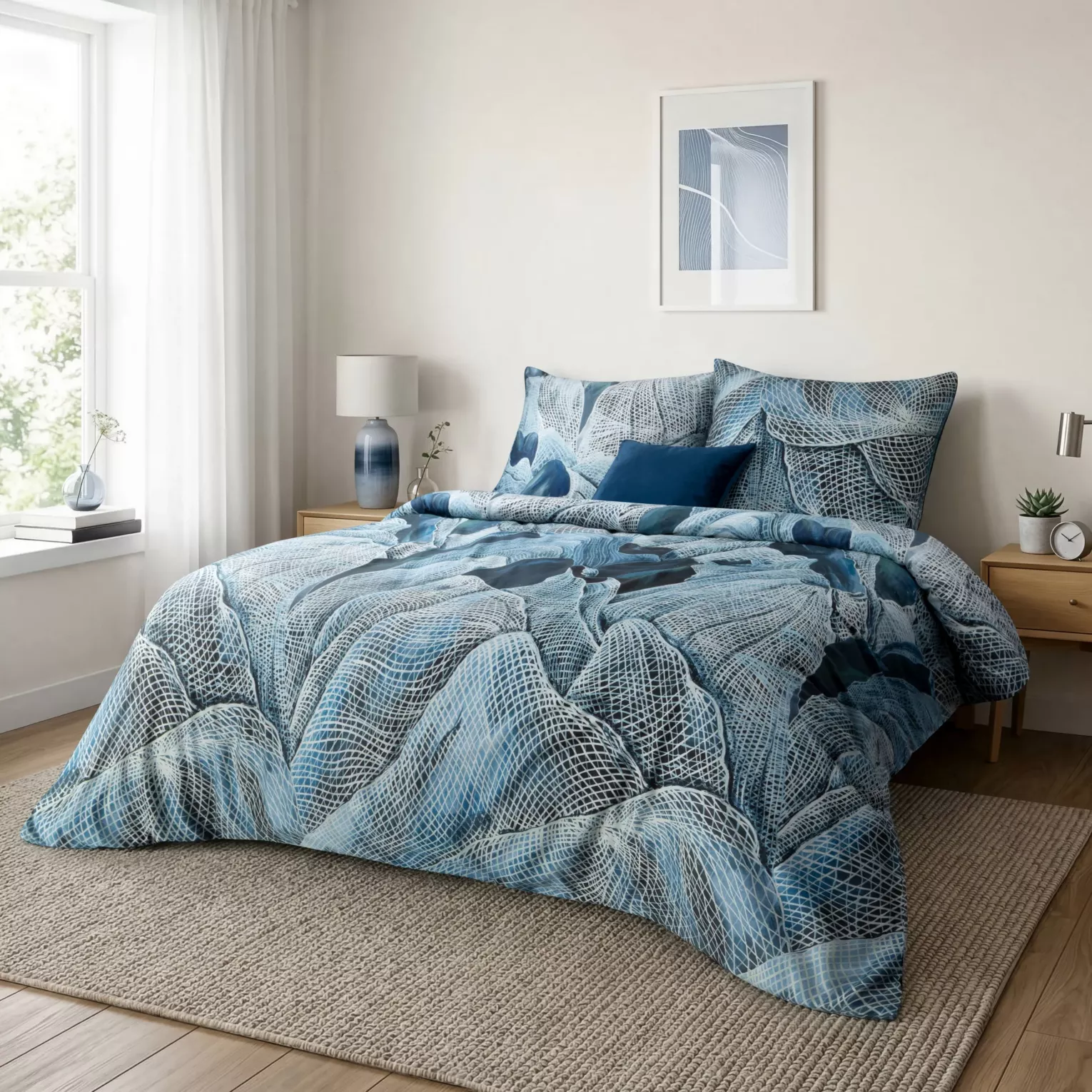 Pościel bawełniana z makosatyny 220x200 cm komplet 3 częściowy kolor turkusowo biały z motywem designerskim Eurofirany Premium