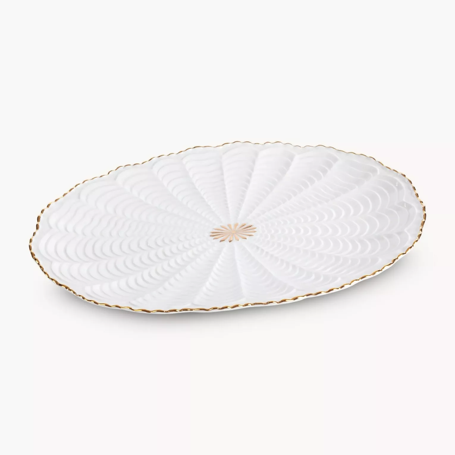 Patera ceramiczna  dekoracyjna kremowo-złota z wypukłym wzorem i złotymi akcentami 36x25x2 cm GAIA