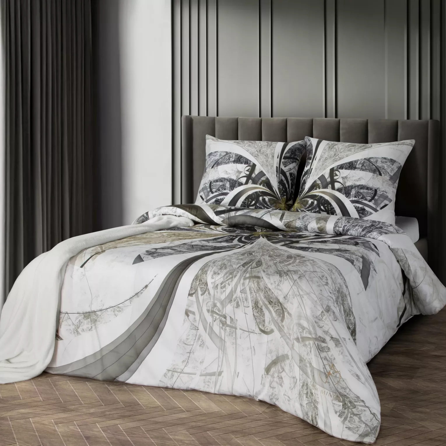 Pościel bawełniana z makosatyny 220x200 cm komplet 3 częściowy kolor jasnokremowy, brązowy z designerskim wzorem STELIA Eva Minge