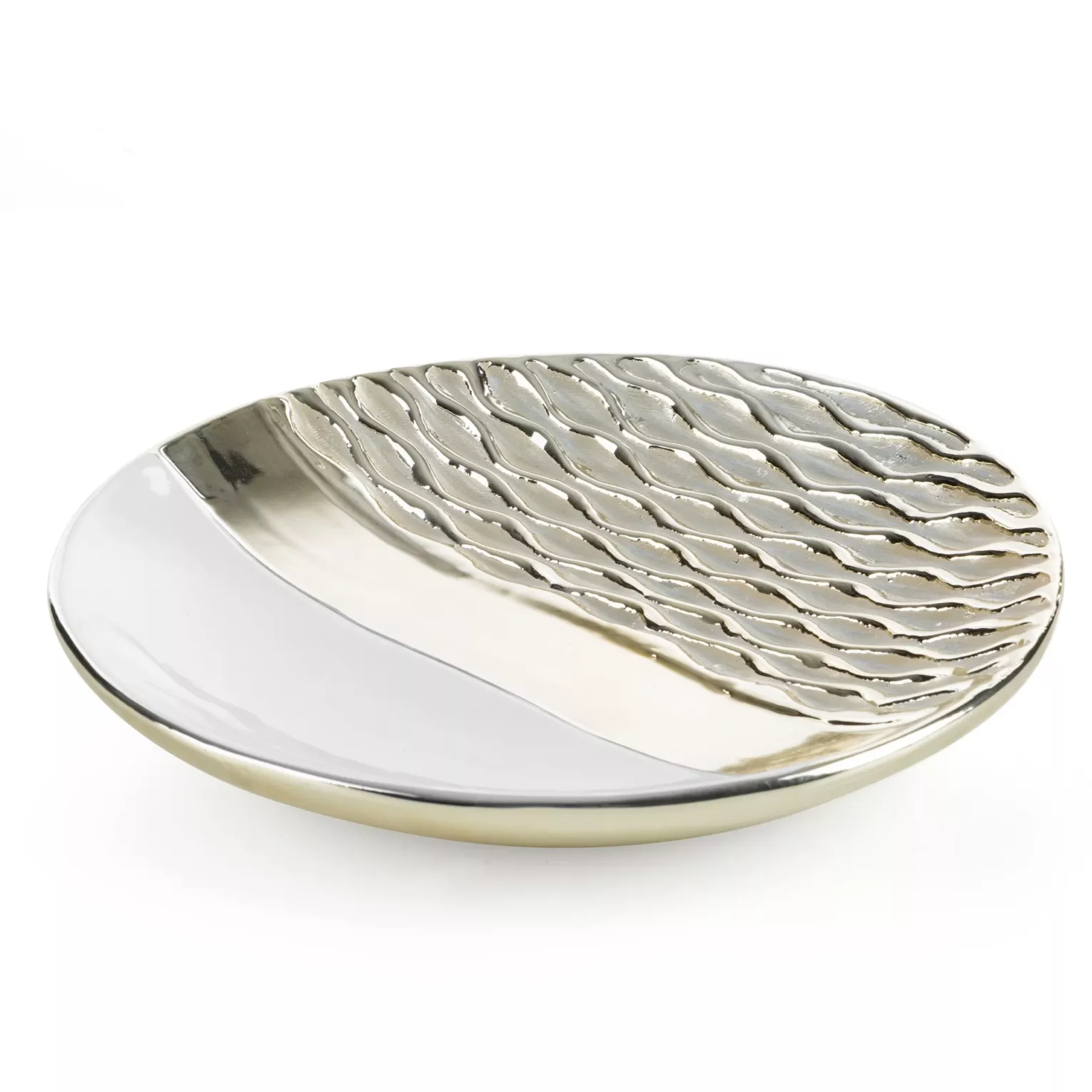 Patera ceramiczna dekoracyjna biało-szampańska  zdobiona wytłaczanym wzorem średnica 29x4 cm DOLY