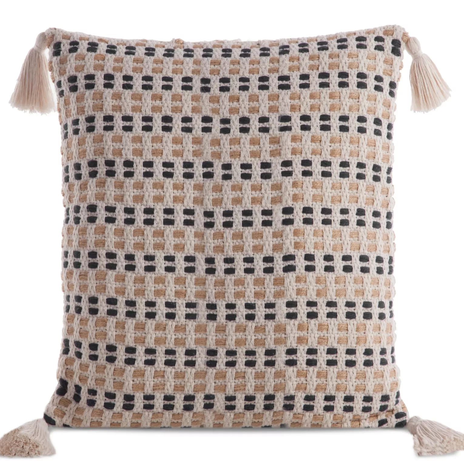 Poszewka na poduszkę 45x45 cm bawełniana kremowo czarna z ozdobnymi chwostami na rogach BOHO
