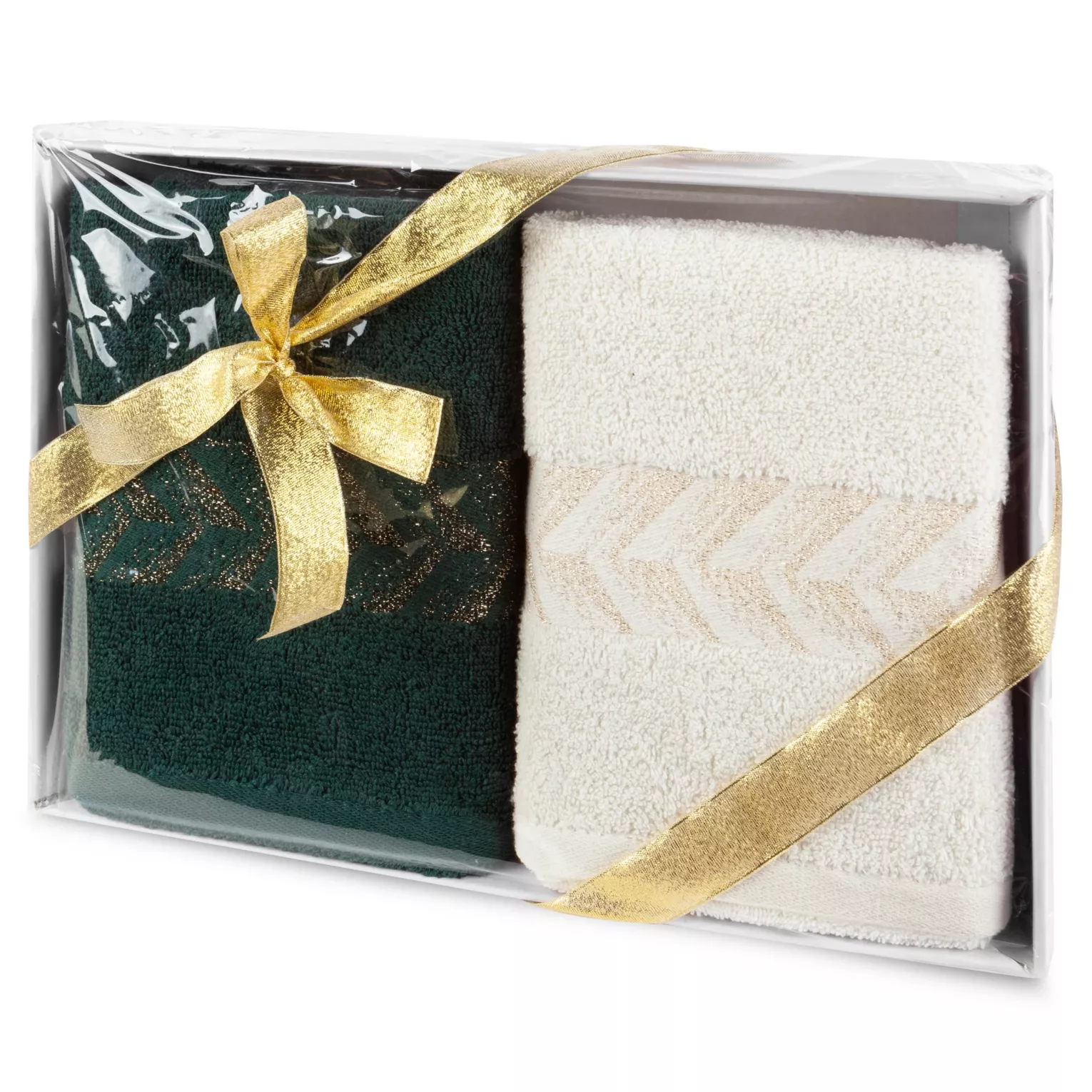 Zestaw ręczników bawełnianych na prezent 2 szt 50x90 cm kolor kremowy, ciemnozielony 450 g/m2 GLOW