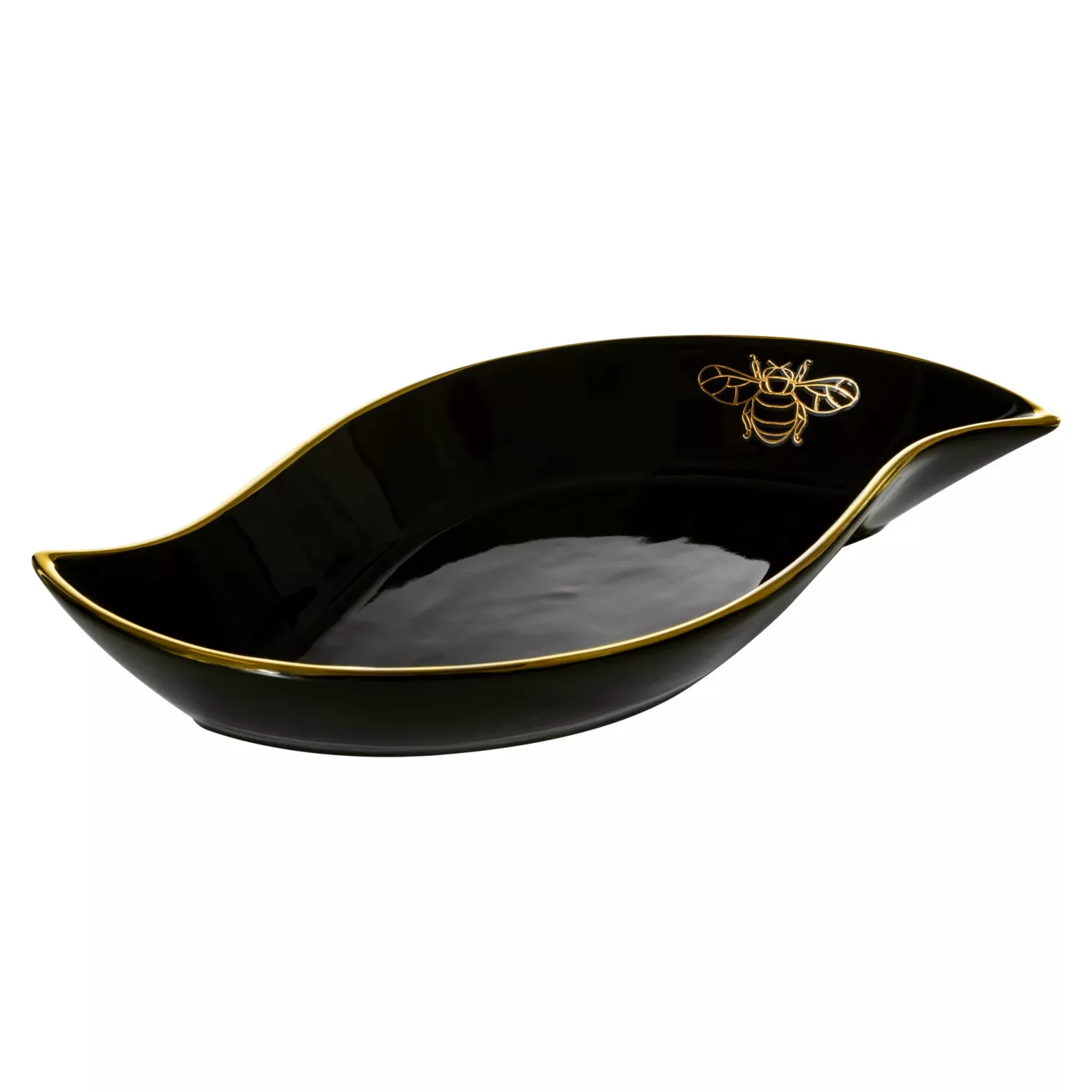 Patera ceramiczna w kształcie łódki z nadrukiem złotej pszczoły