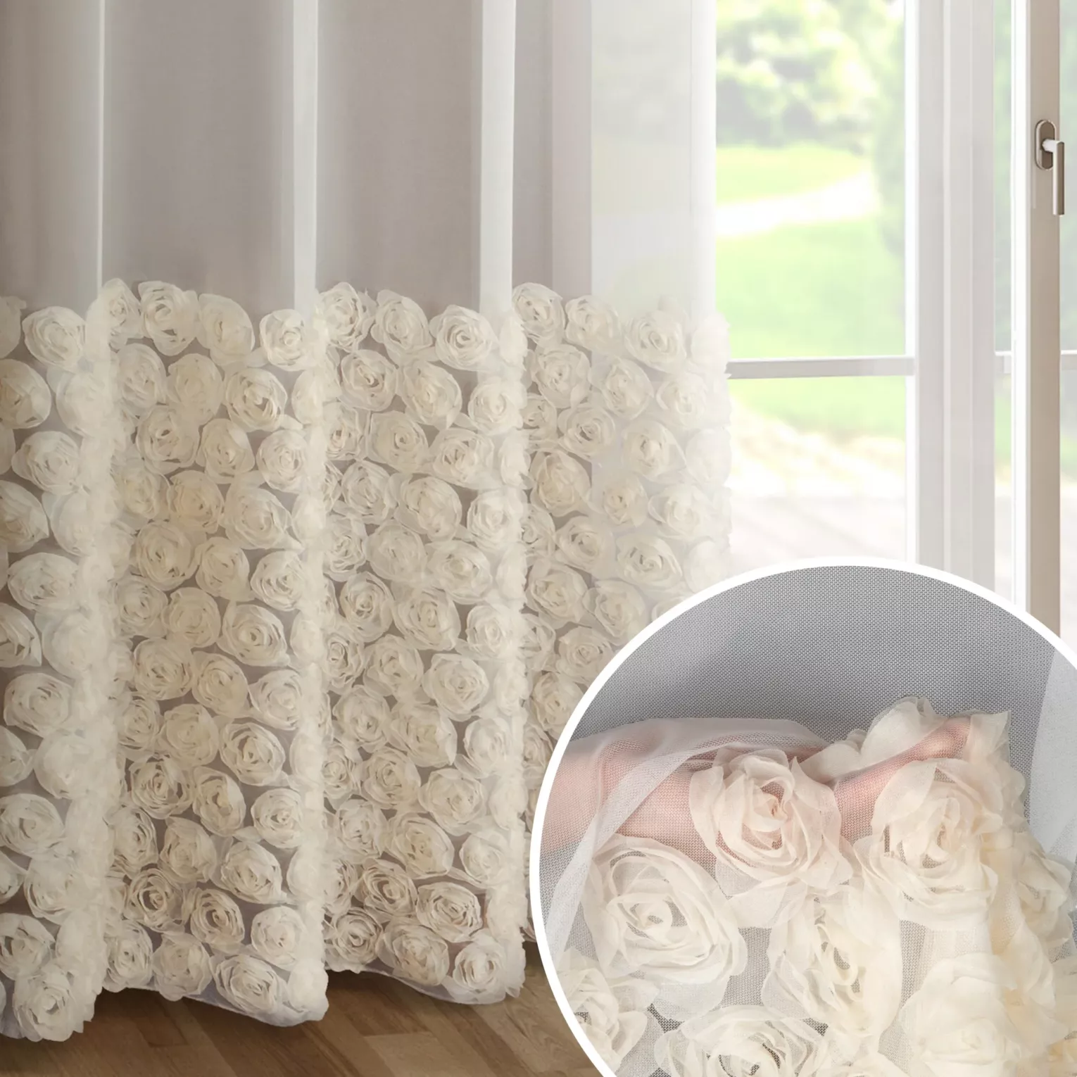 Zasłona kremowa zdobiona pasem aplikacji róż 3D 140x250 cm przelotka - ROSES - Ewa Minge