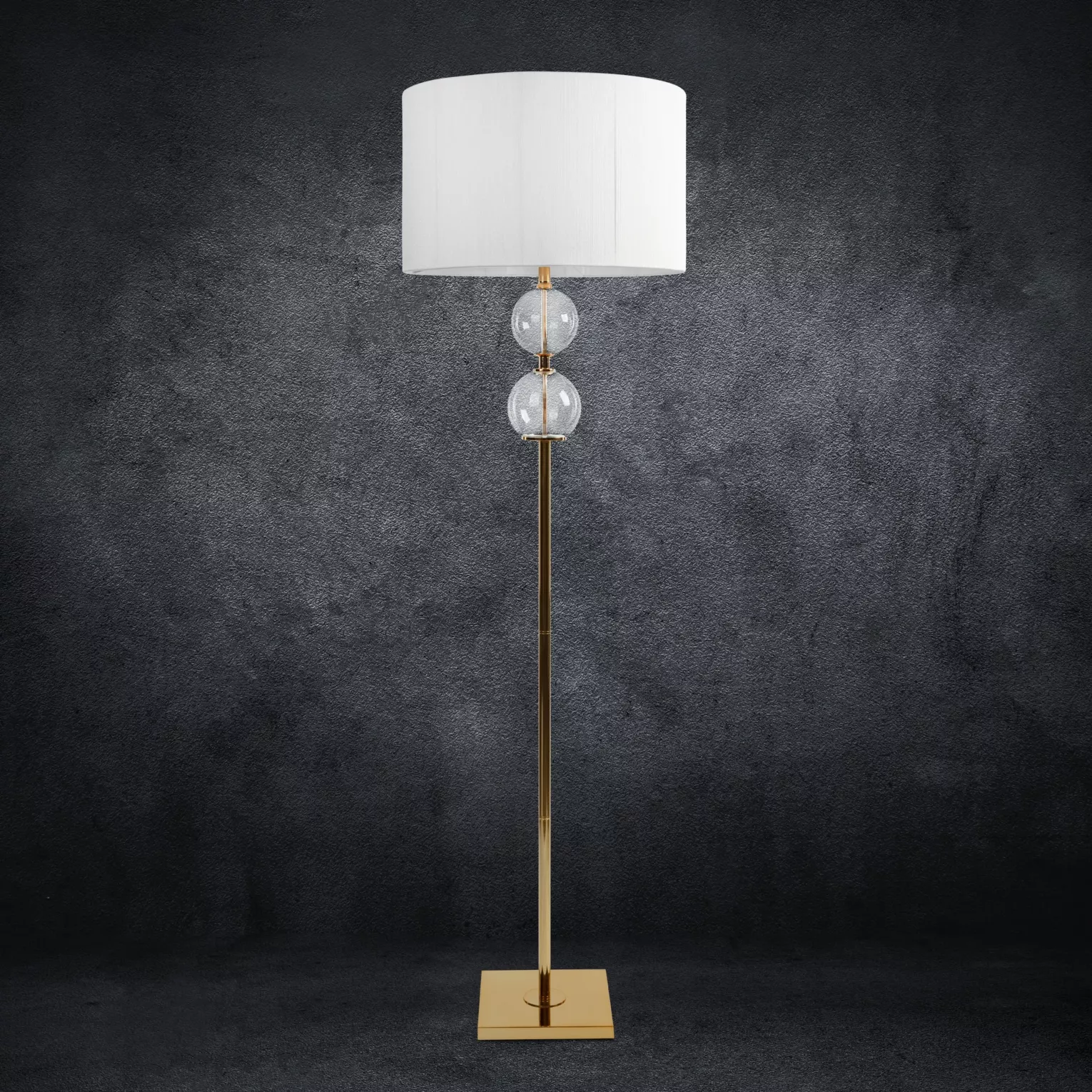 Lampa stojąca do pokoju biało, złota  na podstawie łączącej szkło metal i abażur z matowej nici 50 x 167 cm ARIANA