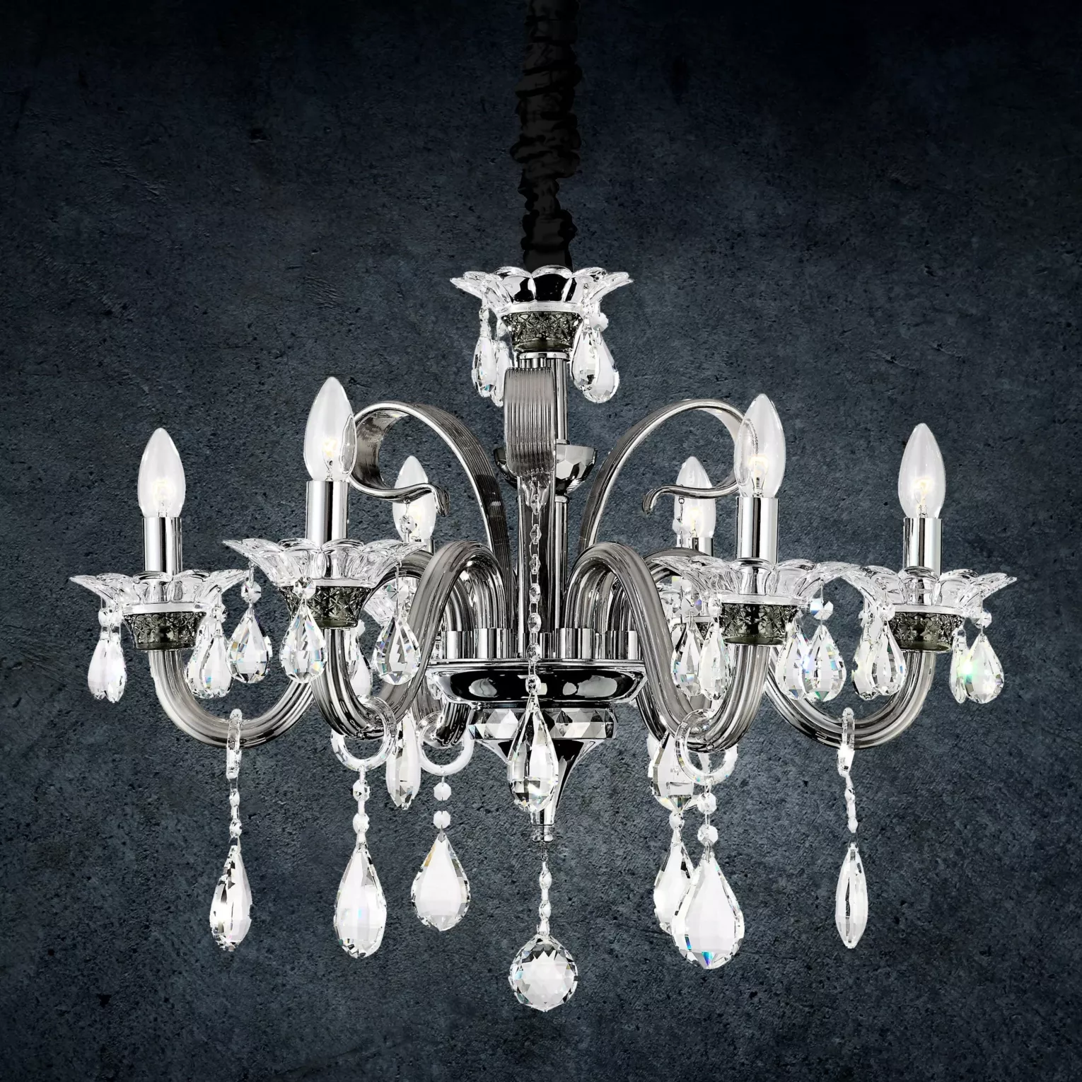 Lampa wisząca do salonu srebrna  sześcioramienny żyrandol z kryształami 70 x 52 cm GLITTER