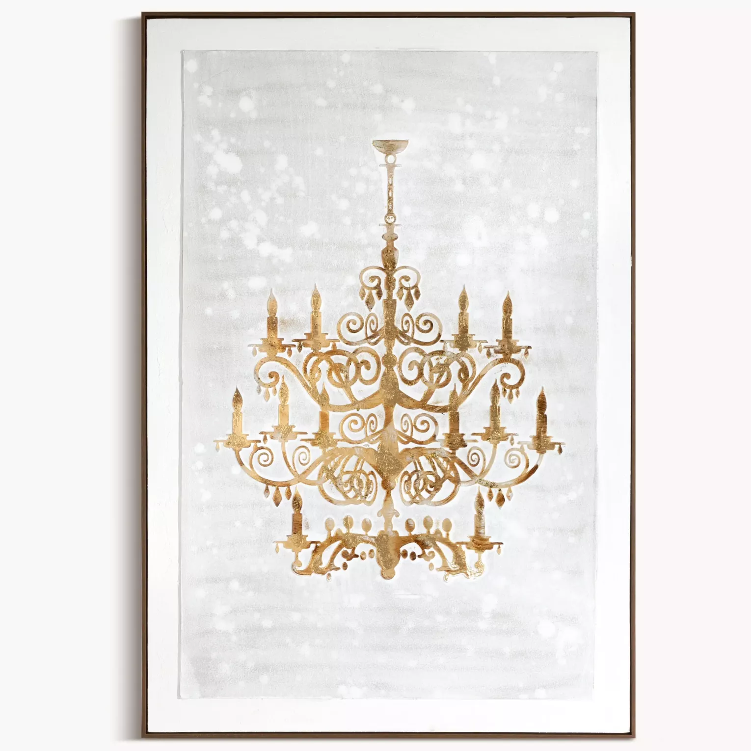 Obraz kremowo, brązowy z motywem dekoracyjnego  żyrandola, ręcznie malowany na płótnie oprawiony w ramę 82x122 cm
