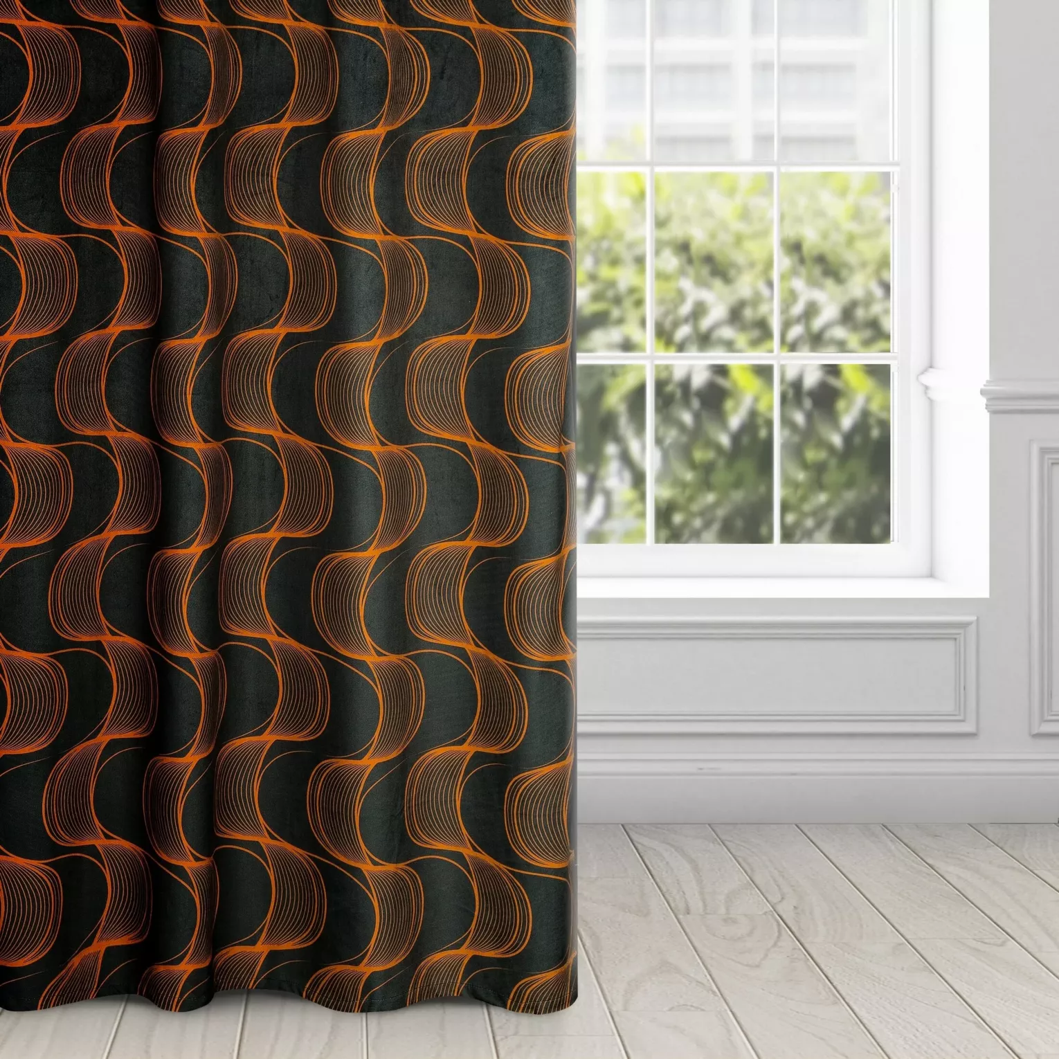 Zasłona czarno, ruda z wzorem pionowych fal, z welwetu 140x250 cm przelotka - POLA