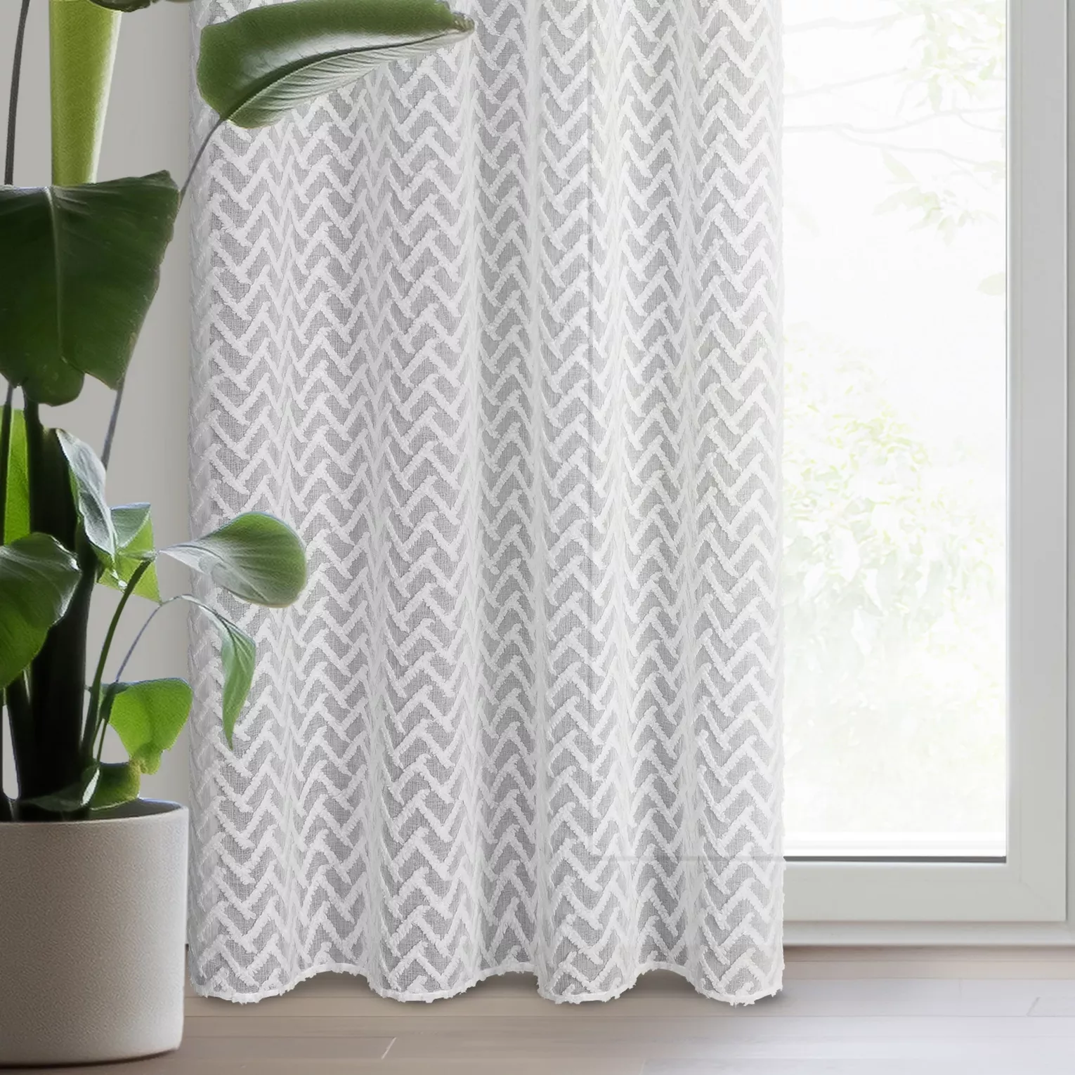 Firana biała z etaminy zdobiona trójwymiarowym wzorem geometrycznym 14x250 cm przelotka MELI