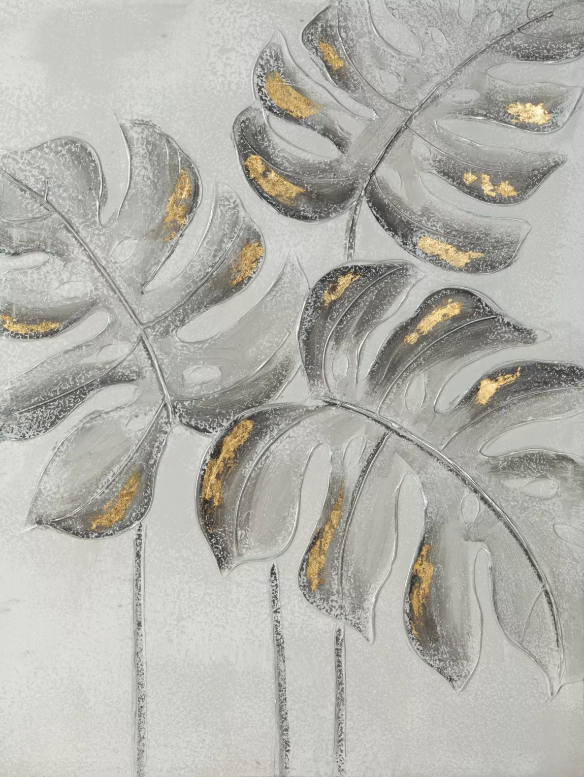 Obraz roślinny szaro, złoty ręcznie malowane na płótnie liście monstery 60x80 cm BOTANIC