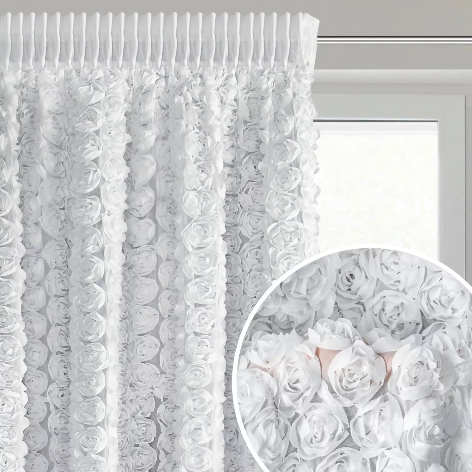 Zasłona biała z szyfonu zdobiona różami 3D 140x270 cm taśma - ROSES Eva Minge