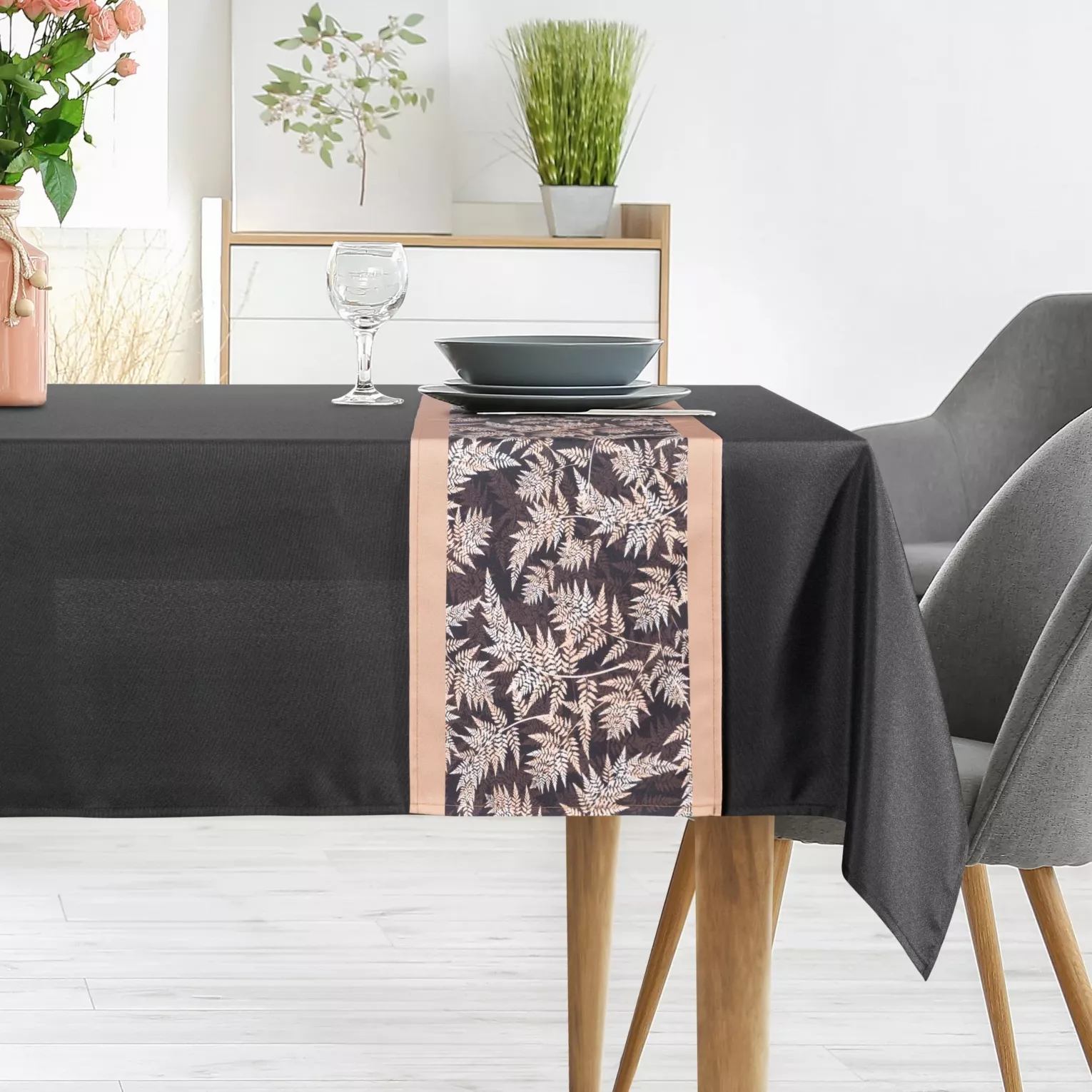 Komplet obrus z bieżnikiem czarno, beżowy 140x300 cm ANITA 1 zdobiony subtelnym wzorem roślinnym