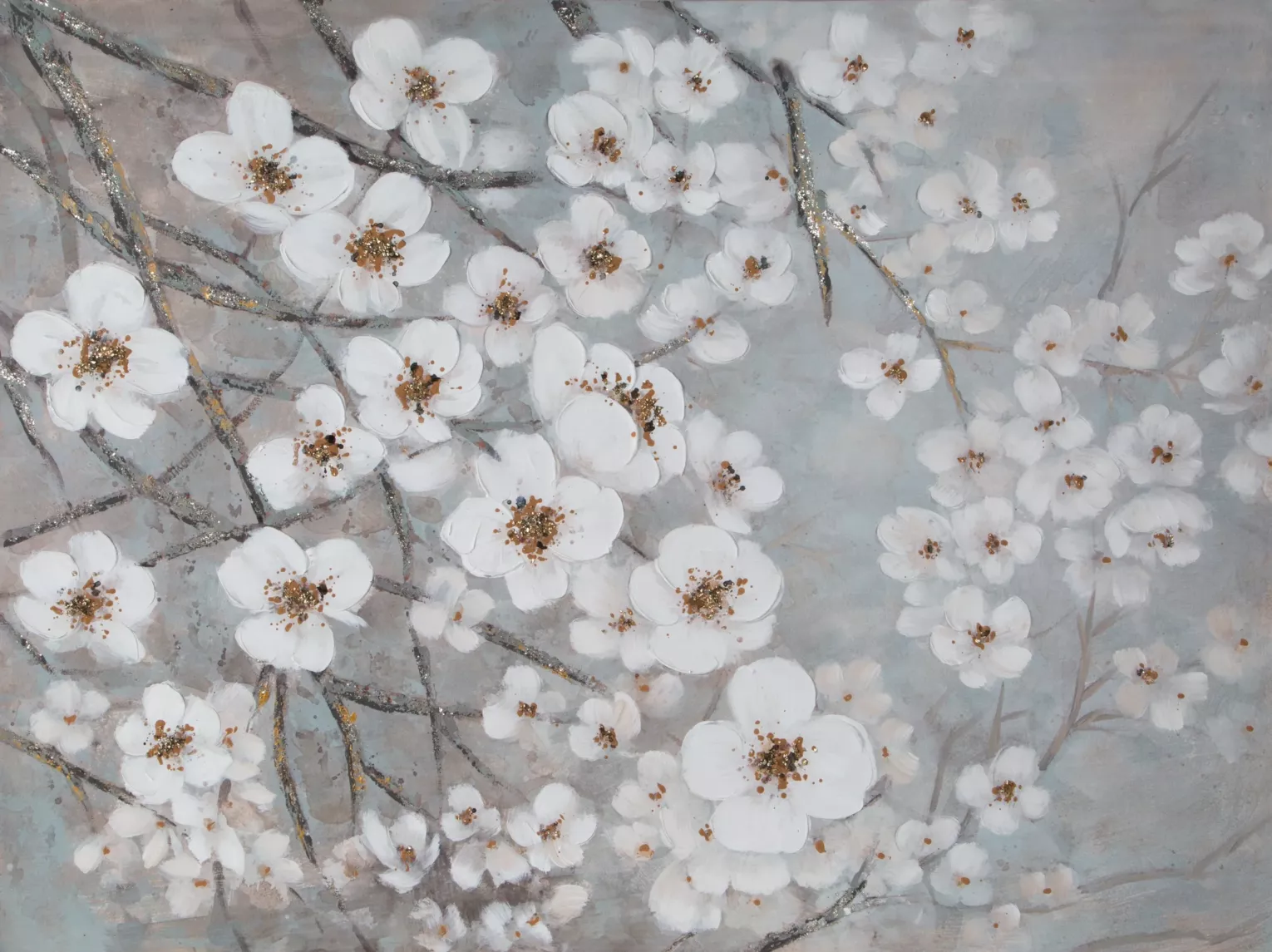 Obraz z kwiatami biało, niebieski ręcznie malowany na płótnie 120x90 cm SPRING