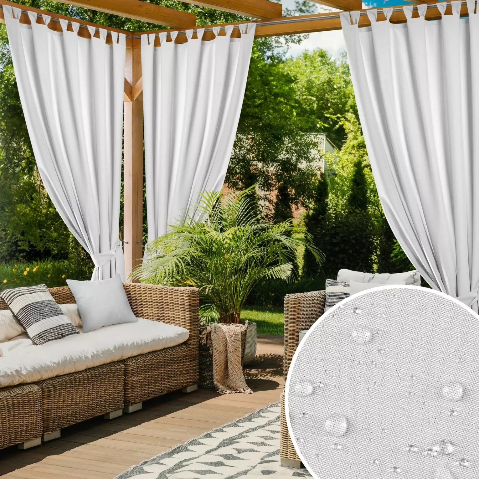Zasłona biała z wodoodpornej tkaniny idealna do ogrodu i na taras 155x200 cm szelki/rzep - GARDEN
