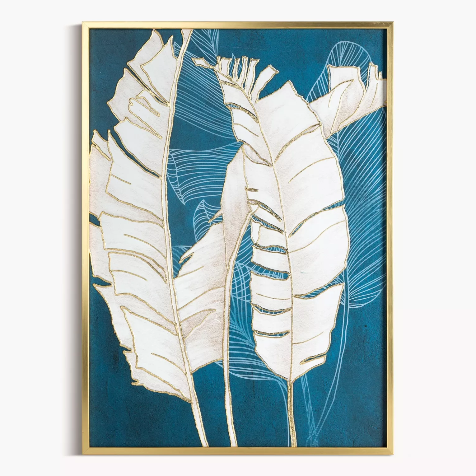 Obraz roślinny turkusowo, złoty nadruk na płótnie z motywem liści bananowca 50x70 cm