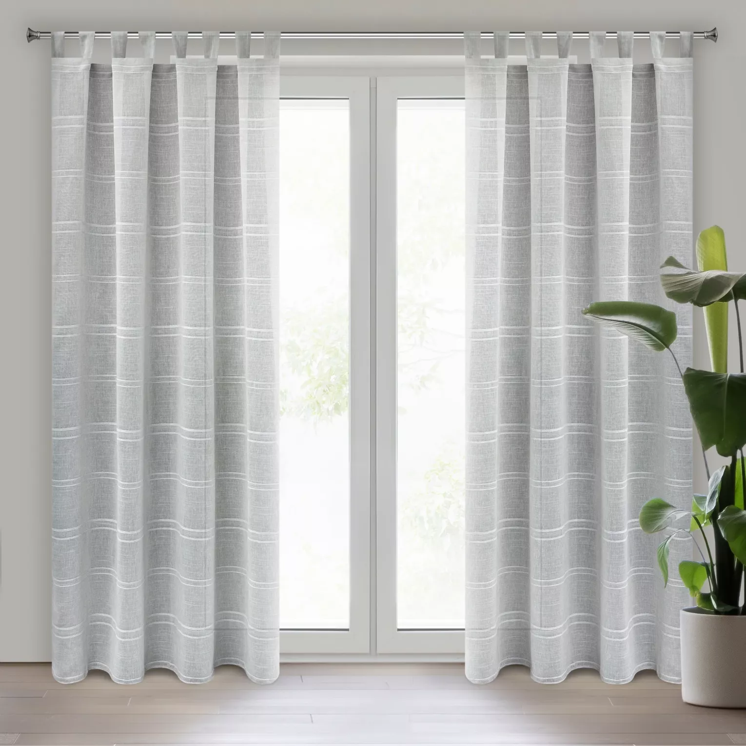 Firana srebrna z etaminy zdobiona szenilowymi paseczkami 140x250 cm szelki  -  ARCADIA