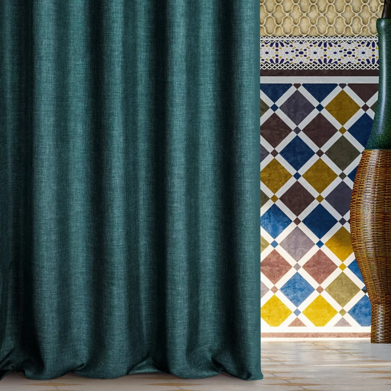 Zasłona ciemnoturkusowa o płóciennym splocie 140x250 cm przelotka - MOROCCO - TERRA COLLECTION