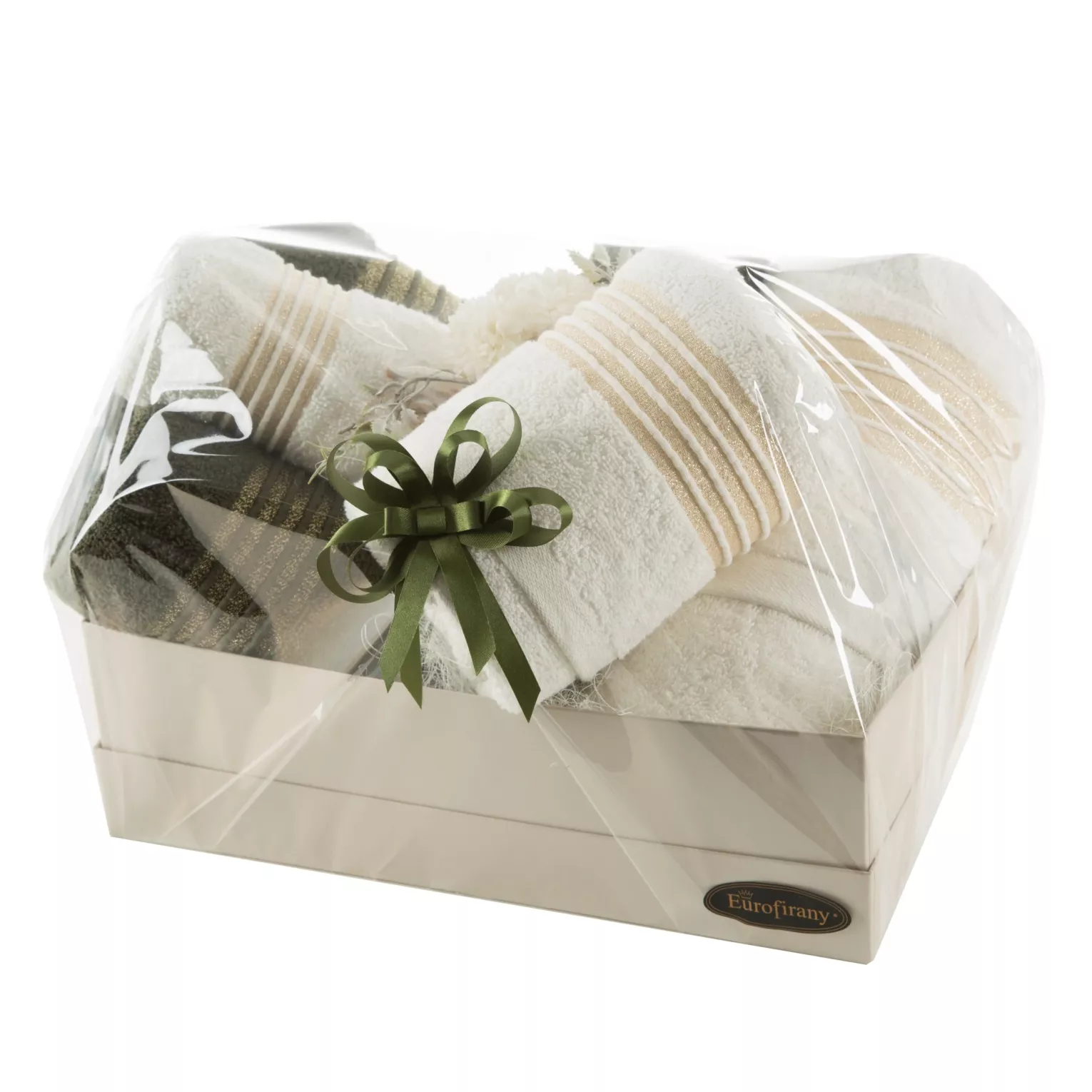 Zestaw ręczników bawełnianych na prezent 2 szt 30x50 cm, 2 szt 50x90 cm, 2 szt 70x140 cm kolor kremowy, oliwkowy