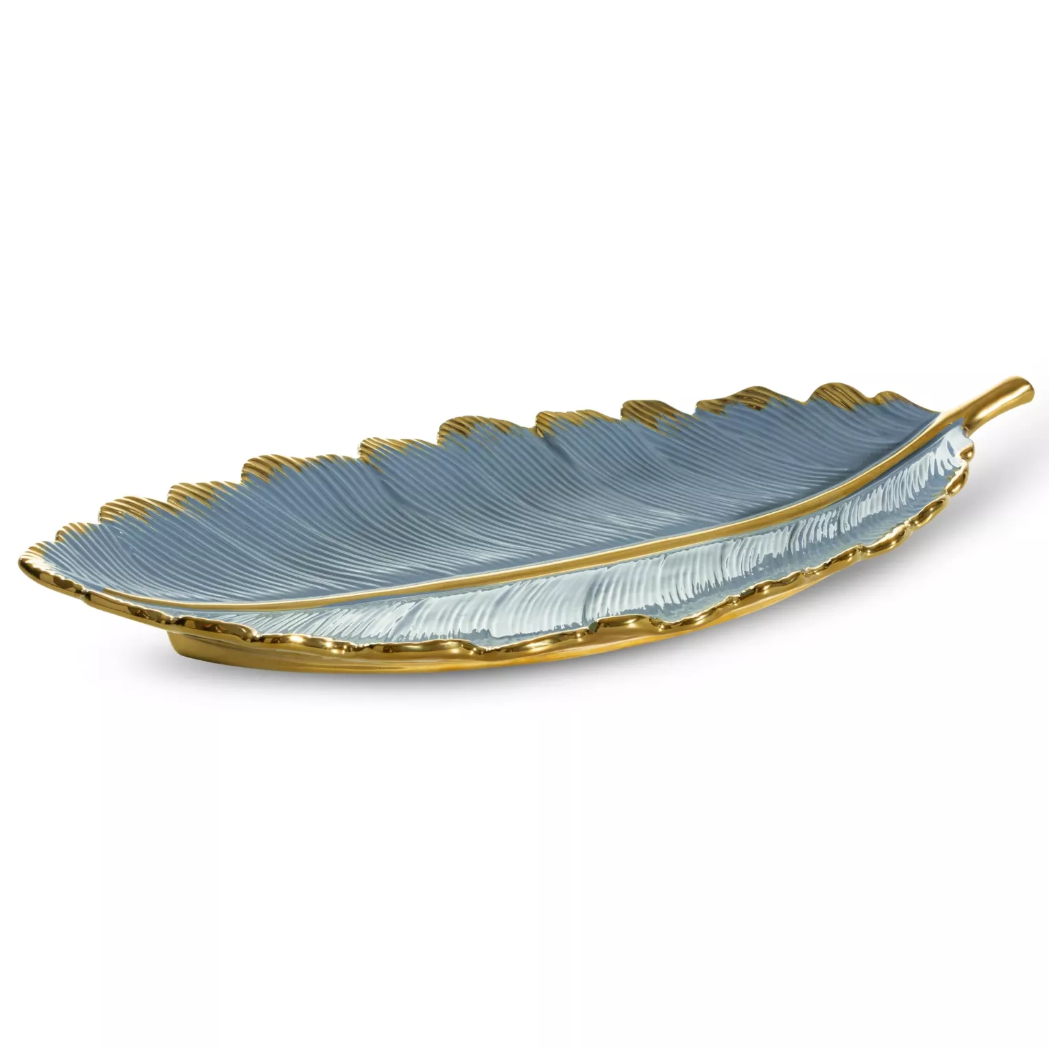 Patera ceramiczna dekoracyjna niebiesko-złota  w formie liścia 53x23x7 cm HIRAL