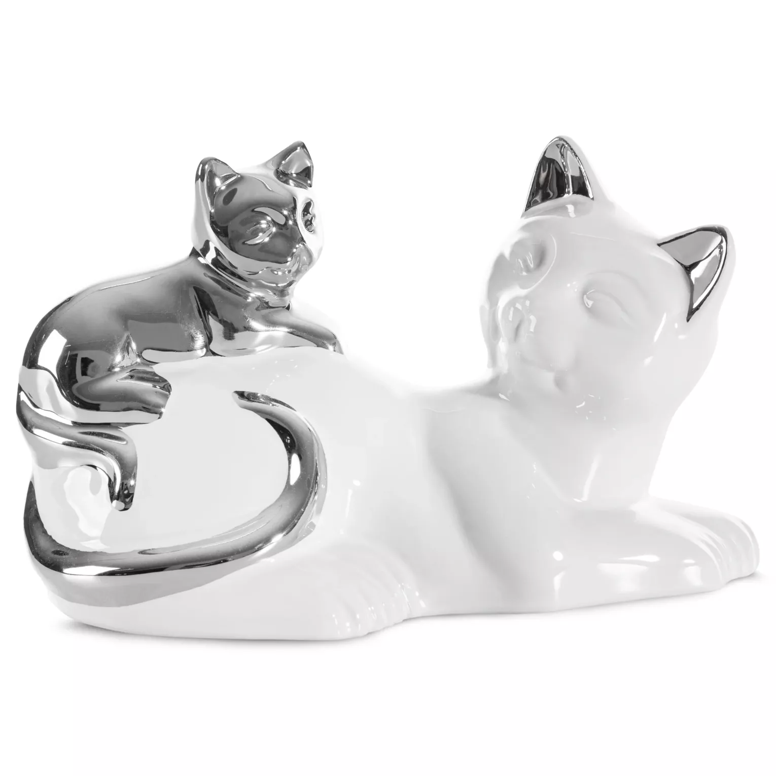 Figurka ceramiczna biało-srebrna kot  20x11x12 cm