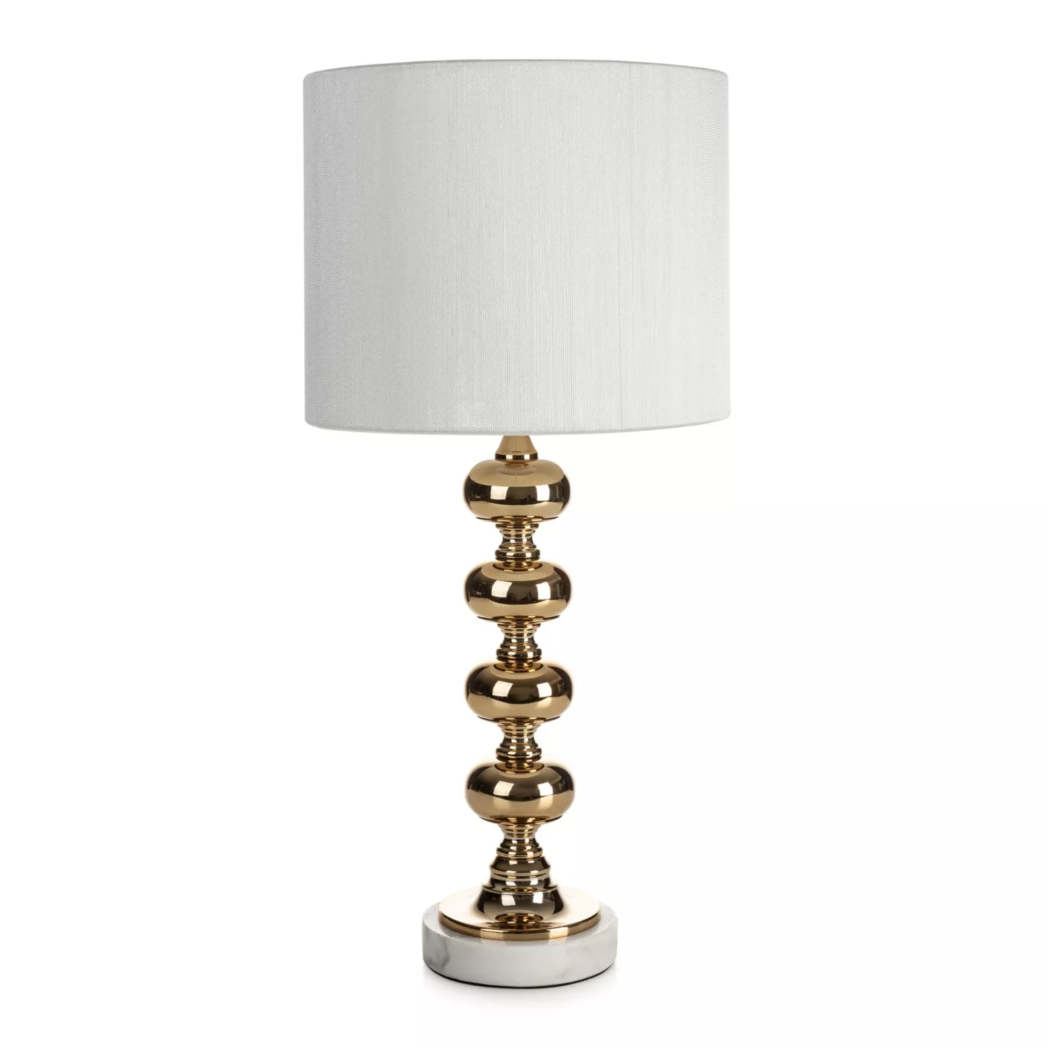 Lampa stołowa do salonu biało, złota DAISY na podstawie z marmuru i metalu z abażurem z matowej tkaniny